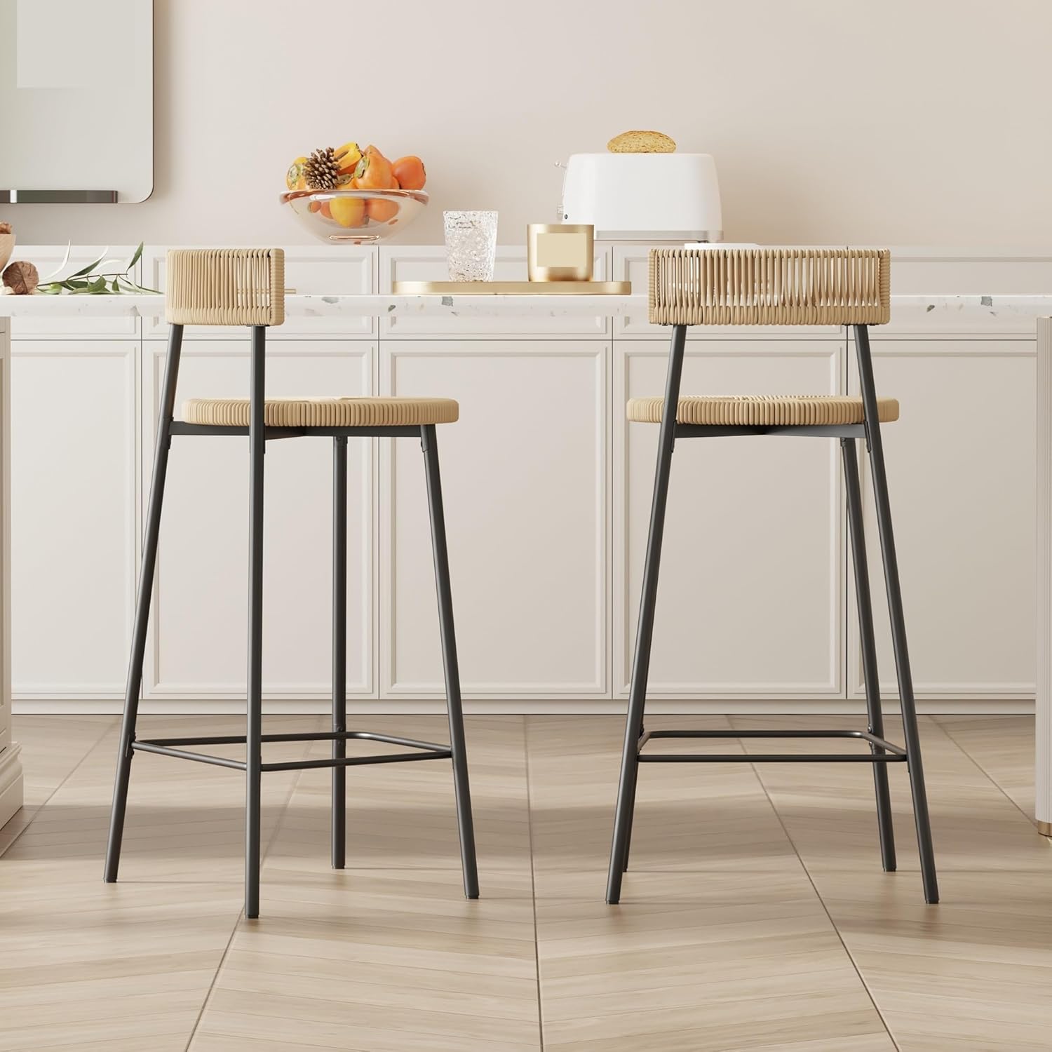 Counter Stools Set of 2 Handwoven Paper Rope Bar Stools Boho Round Dining Pub Chairs,for The Kitchen