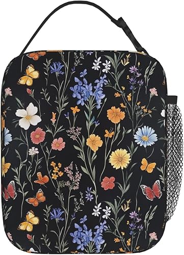 Vista 107 de SUPLUCHOM Lonchera vintage con diseño de hojas de hongos y bosque, bolsa aislada reutilizable con bolsillo lateral para el trabajo, escuela, picnic