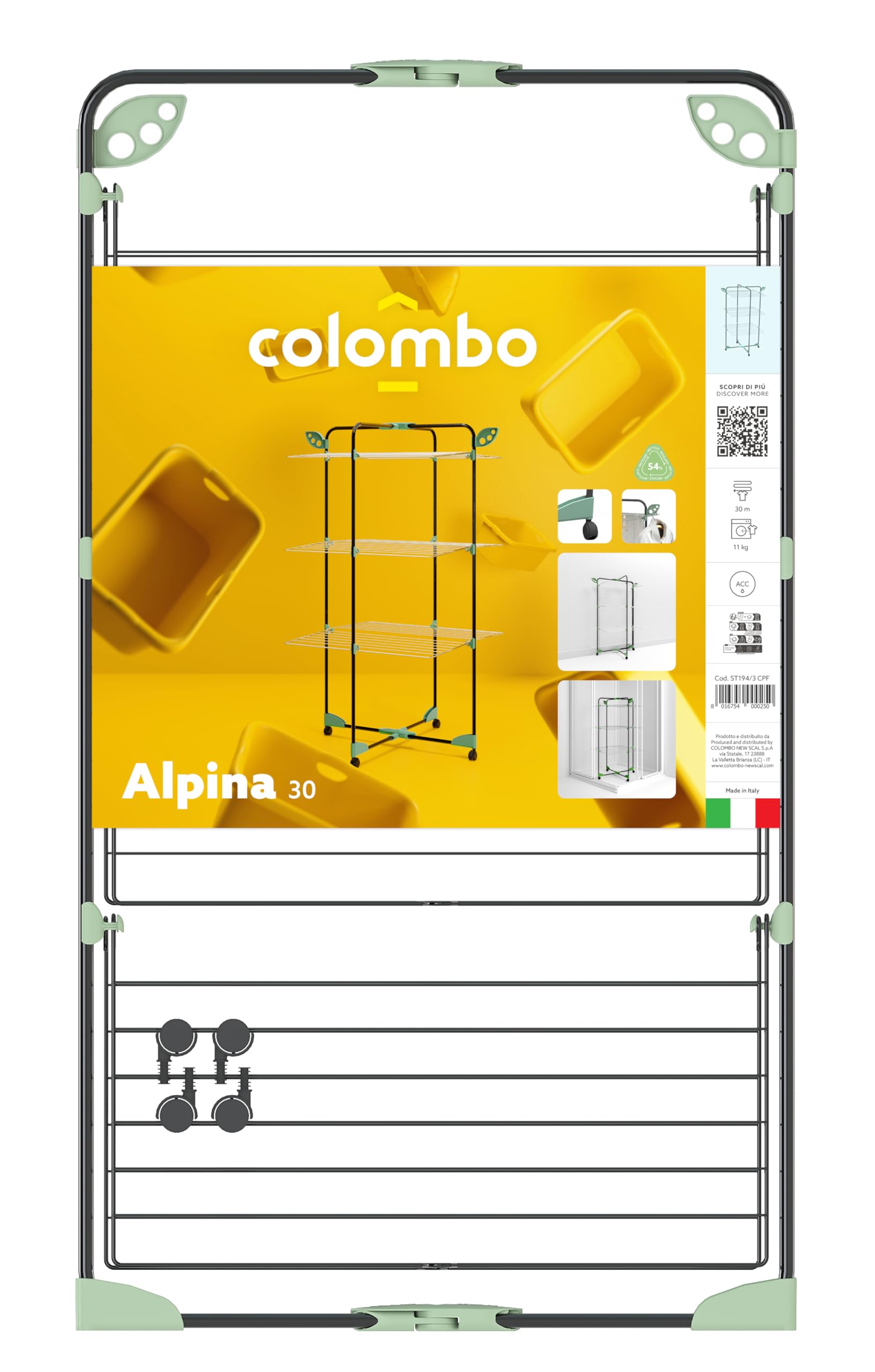Colombo Alpina 30 - Séchoir à Linge Tour Modulable 30m - Étendoir sur Pied avec roulettes & Porte-Cintres - Structure Acier Antirouille, Pliable et Compact - Fabriqué en Italie - Capacité 11kg