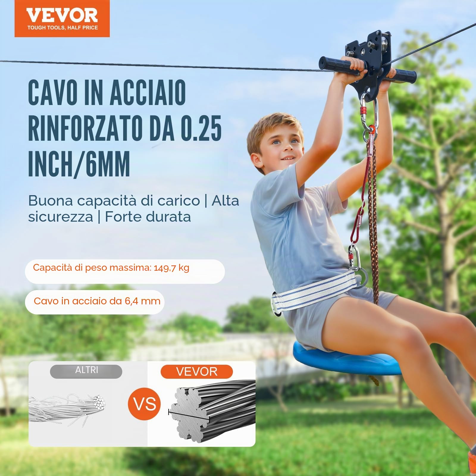 VEVOR Kit Teleferica Zipline 24,38 m Giardino Cortile Parco Corda Scivolo Corrimano Seduta Carico Max 149 kg