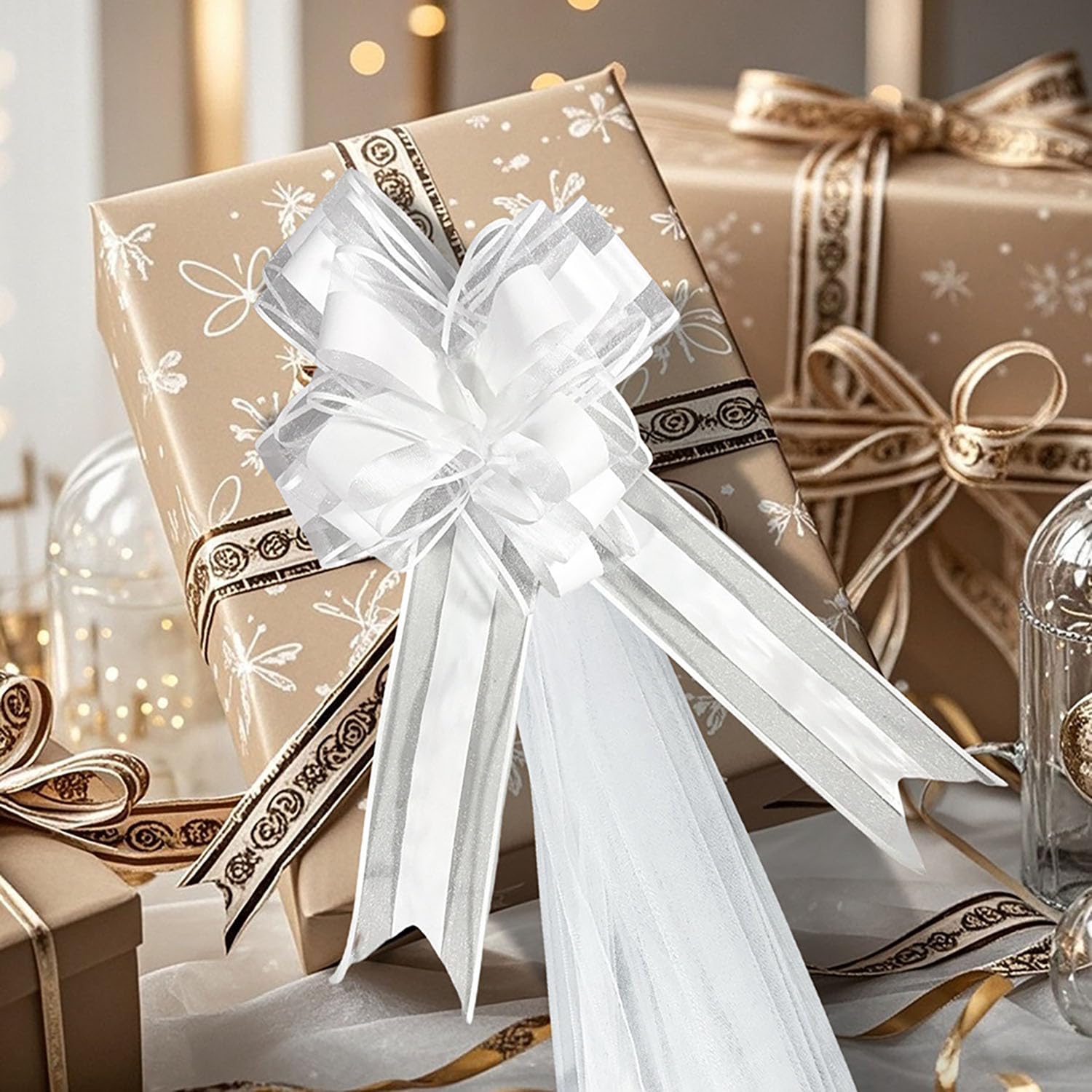 12er-Set Hochzeitsschleifen mit Tüllschwänzen, Autoschleifen Hochzeit Stuhlschleife, Geschenkschleifen Ziehschleifen mit Tüll Dekoschleifen Große Tüllschleifen für Hochzeitsgang Deko Kirche