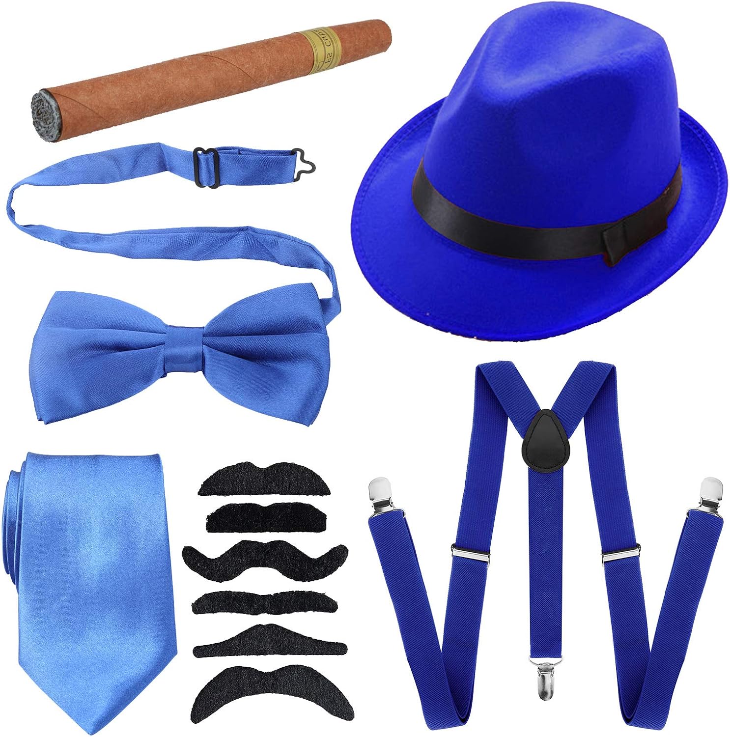 1920s Mens Accessories Hard Felt Panama Hat, Y-Back Suspenders & Pre Tied Bow Tie, Tie,Toy Cigar & Fake Mustache