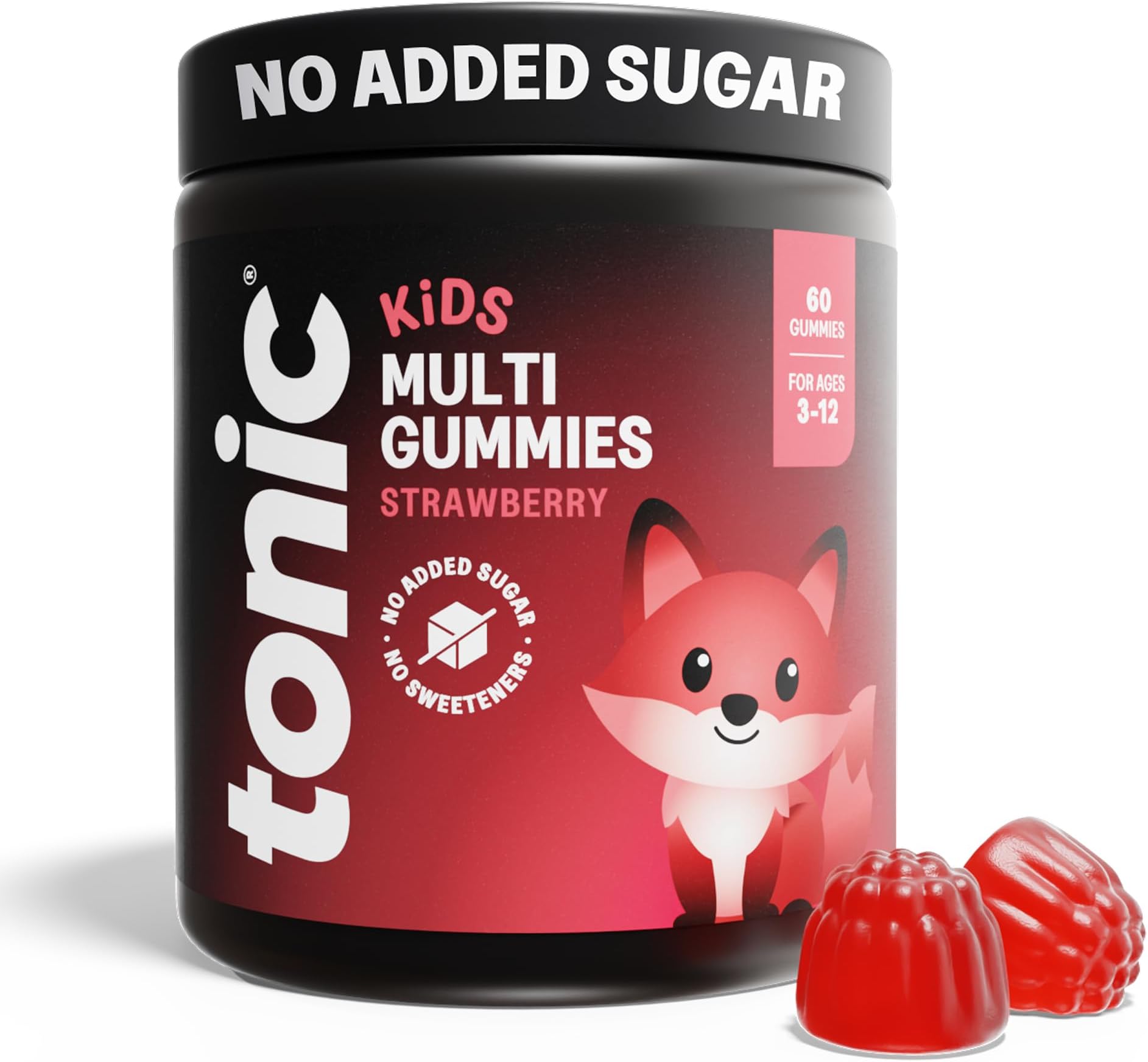 Tonic Health Kids Vitamins Gummies - 14 in 1 Kids Multivitamin with Vitamins A, C, D, E and Zinc, Strawberry Flavour, Month Supply (60 Count), Ages 3-12, No Added Sugar, No Sweeteners, Vegan