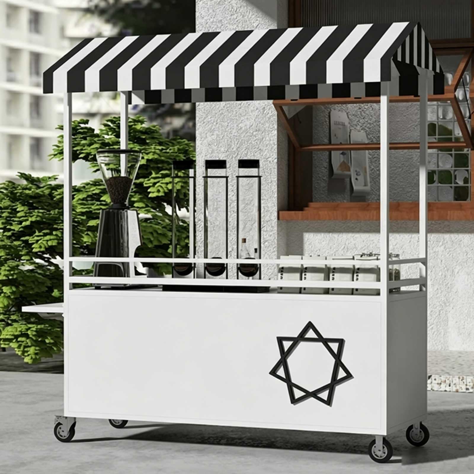 Mobiler Verkaufsstand mit Rädern, Mobiler Verkaufswagen Imbisswagen mit Überdachung und Griff für Märkte, Straßen und Veranstaltungen(Orange,170cm/67in)