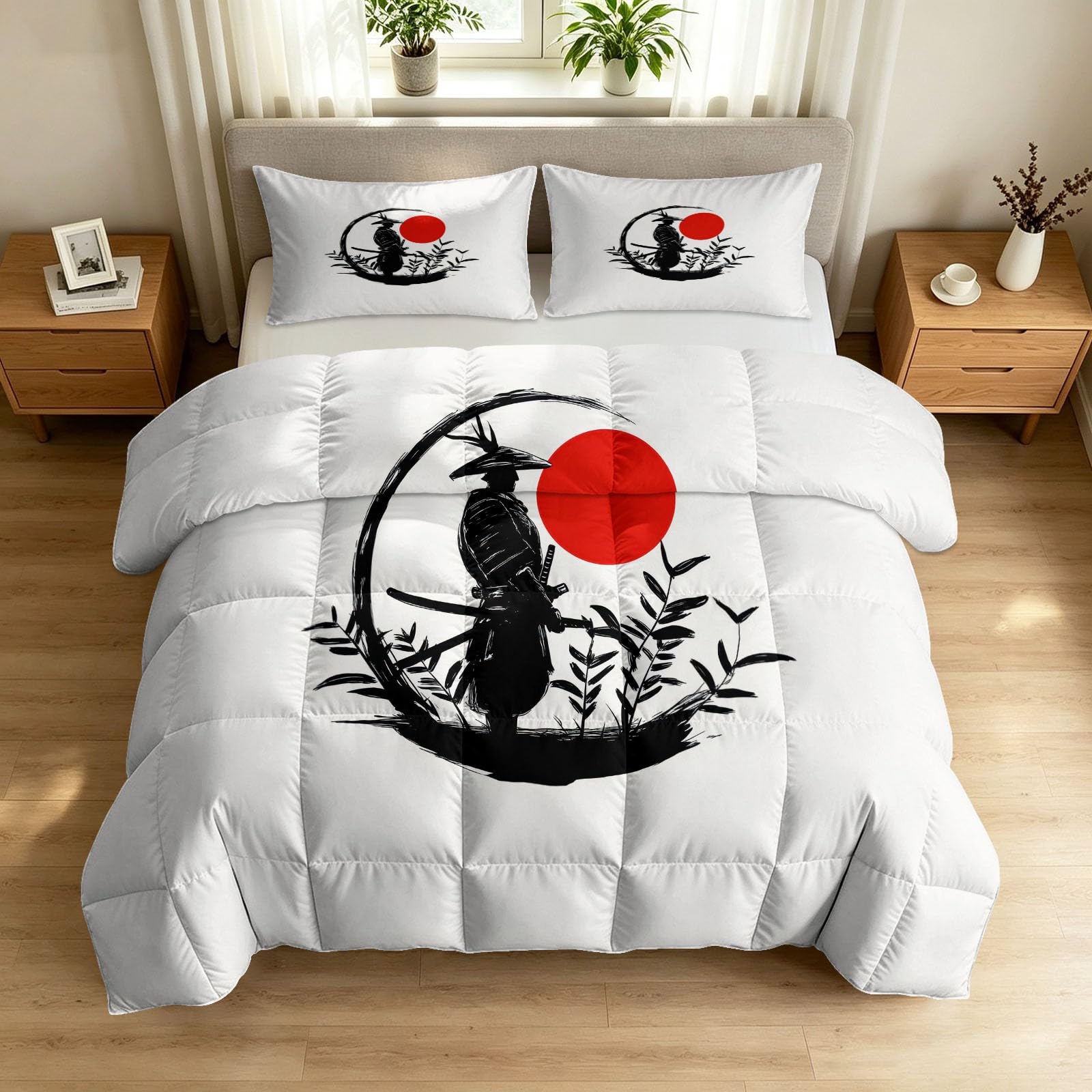 Edredón japonés de 4 estaciones para transformar tu dormitorio en un oasis samurai sol rojo
