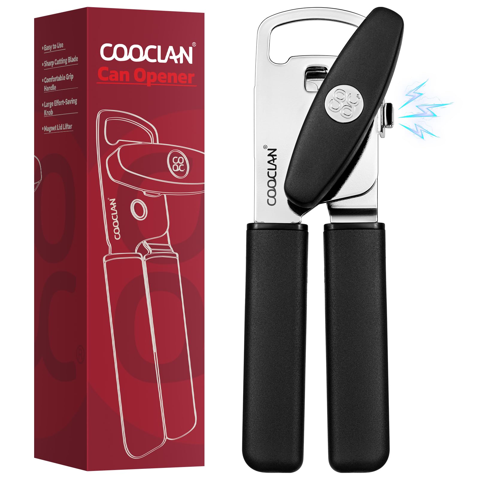 COOCLAN Can Opener Manual with Magnet, Heavy Duty Hand Held Can Opener with Sharp Stainless Steel Blade Easy to Use, Effortless Turn Knob, Soft
