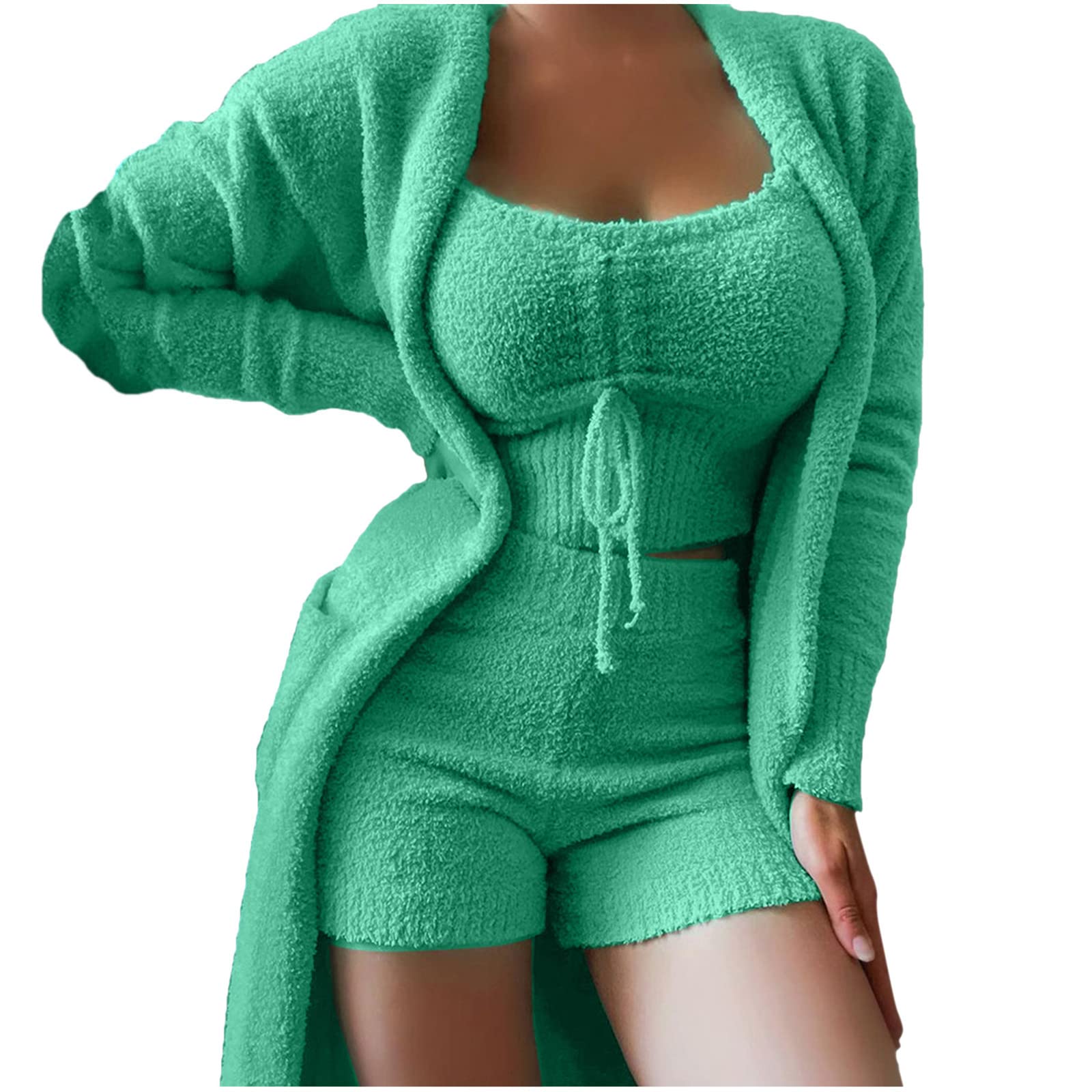 Pyjama pour femme en peluche chaude | Combinaison de maison pour femme 3 pièces Pyjama doux avec pyjama | Ensemble cami et short Ensemble de vêtements de nuit pour femme Manteau uni Ensembles de