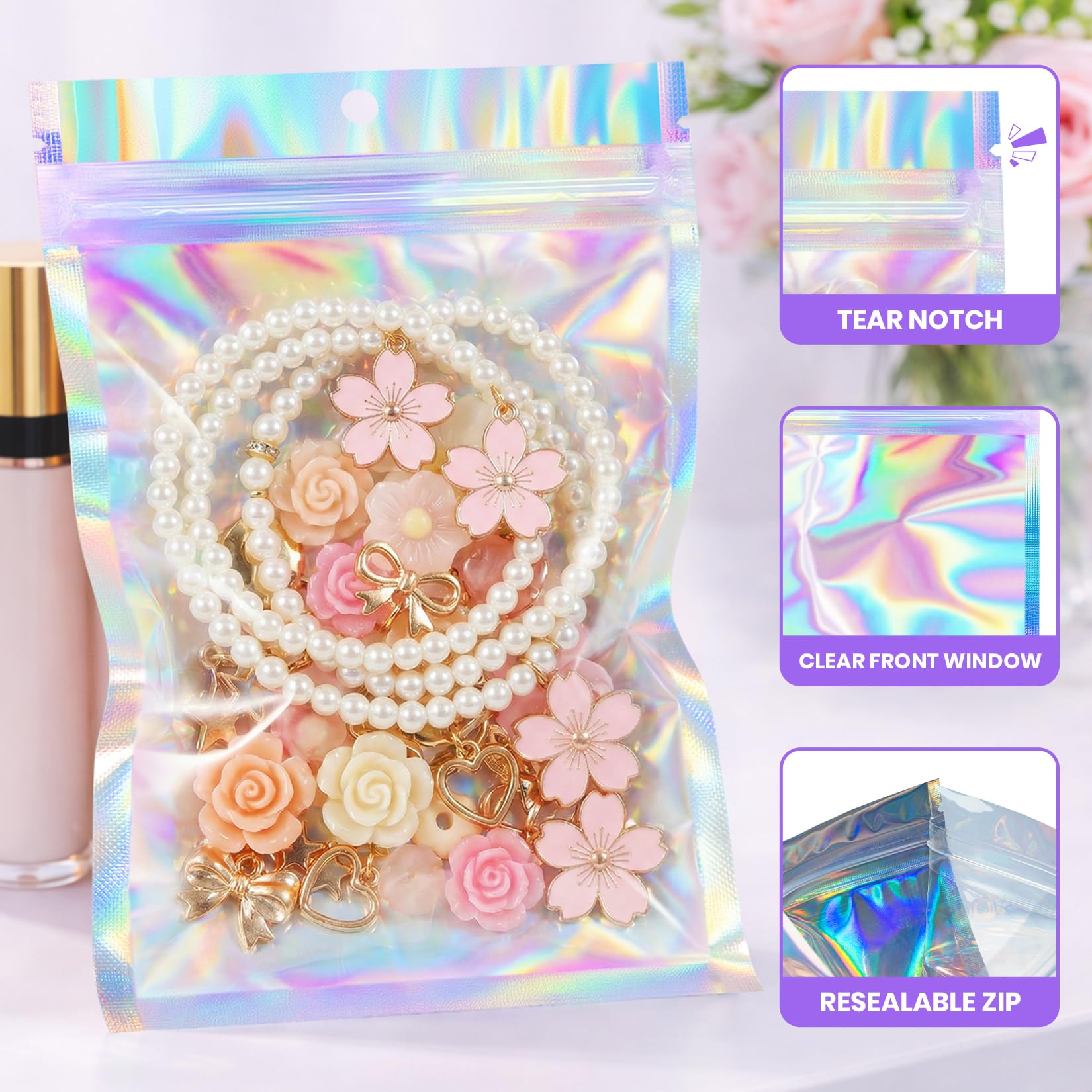 50 sztuk torebek holograficznych 13 cm x 20 cm, wielokrotnego zamykania, odporne na zapachy, holograficzne torby w kolorach tęczy, foliowe woreczki na zamek błyskawiczny, do przechowywania żywności,