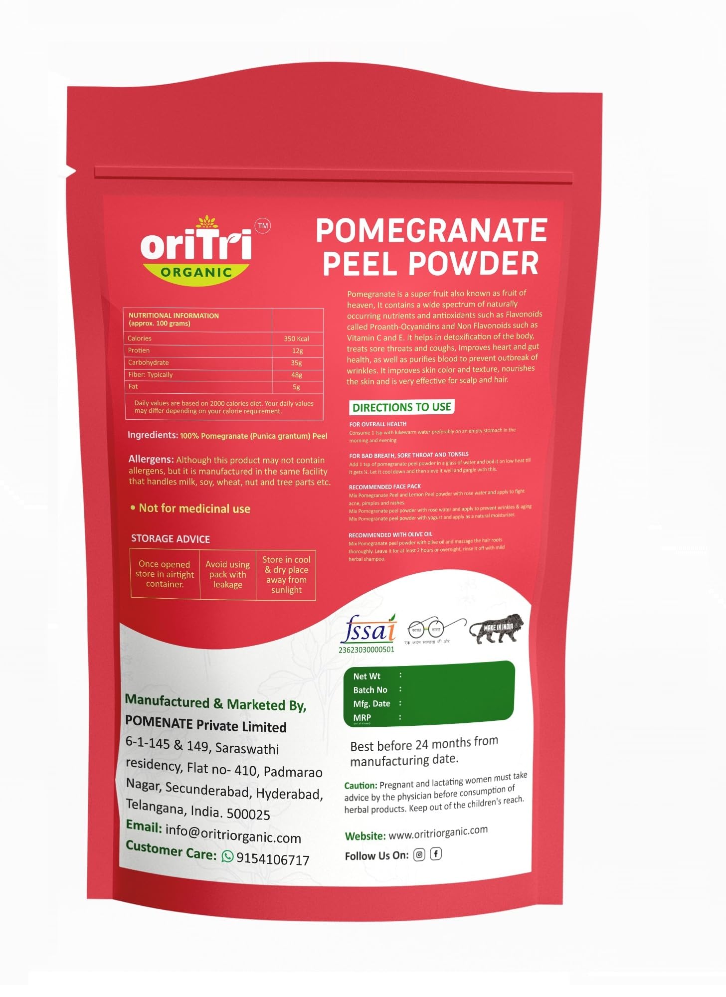 Oritri Organic Pomegranate Peel Powder 150g | Rich in Antioxidants | Anar Powder for Skin Brightening, Acne & Hair Fall Care | Supports Immunity & Diabetes Management - Image 3 thumbnail