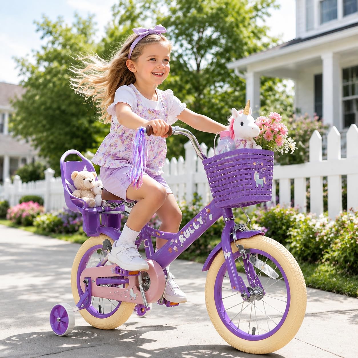 RULLY Kids Bike 12 14 16 inch for 2-7 Years Girls with Training Wheels &amp; Front Handbrake, Kids Bicycle with Basket Bike Streamers Toddler Cycle Bikes