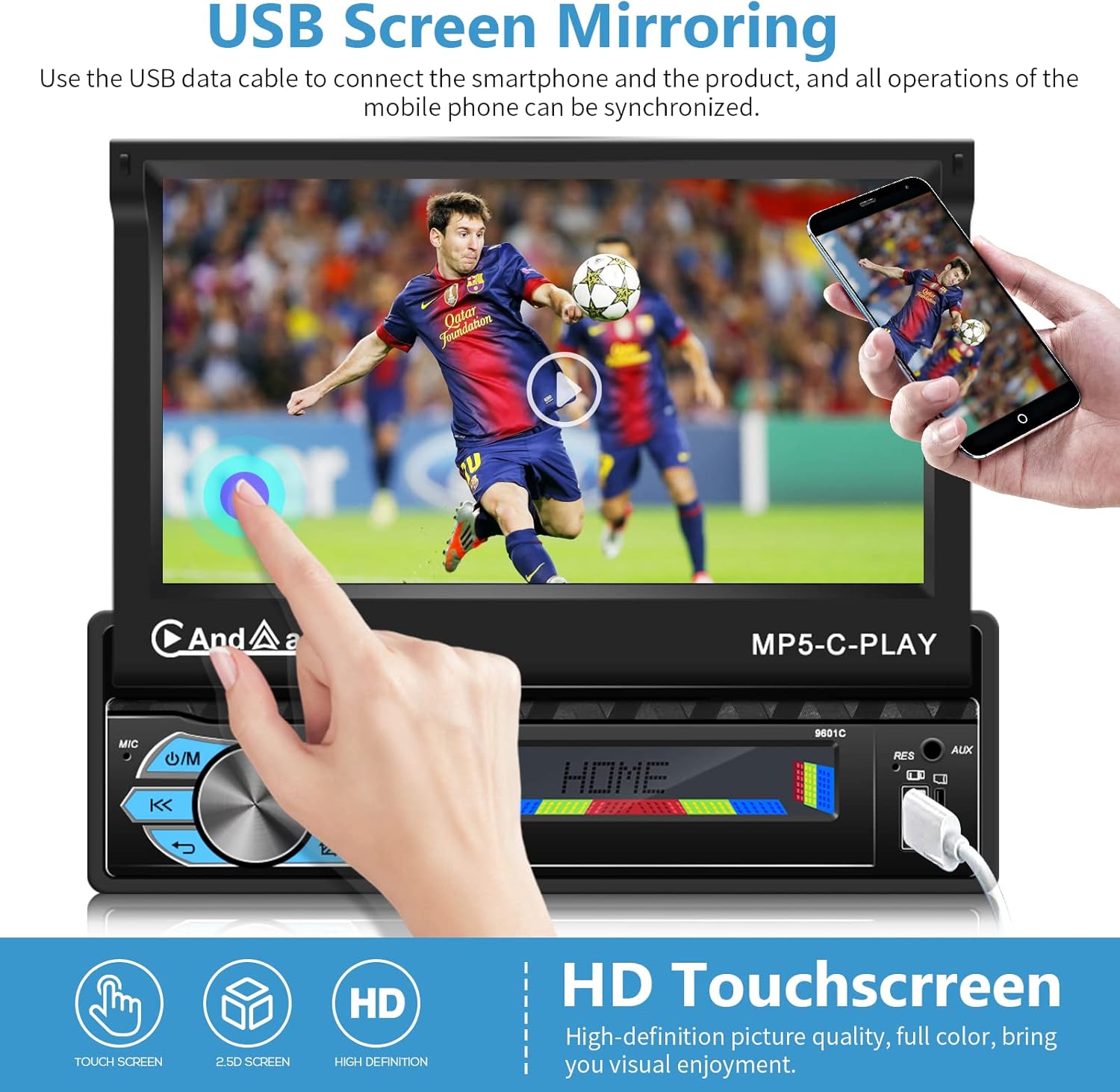 Image illustrating the USB Screen Mirroring feature, showing a smartphone screen mirrored onto the car stereo display.