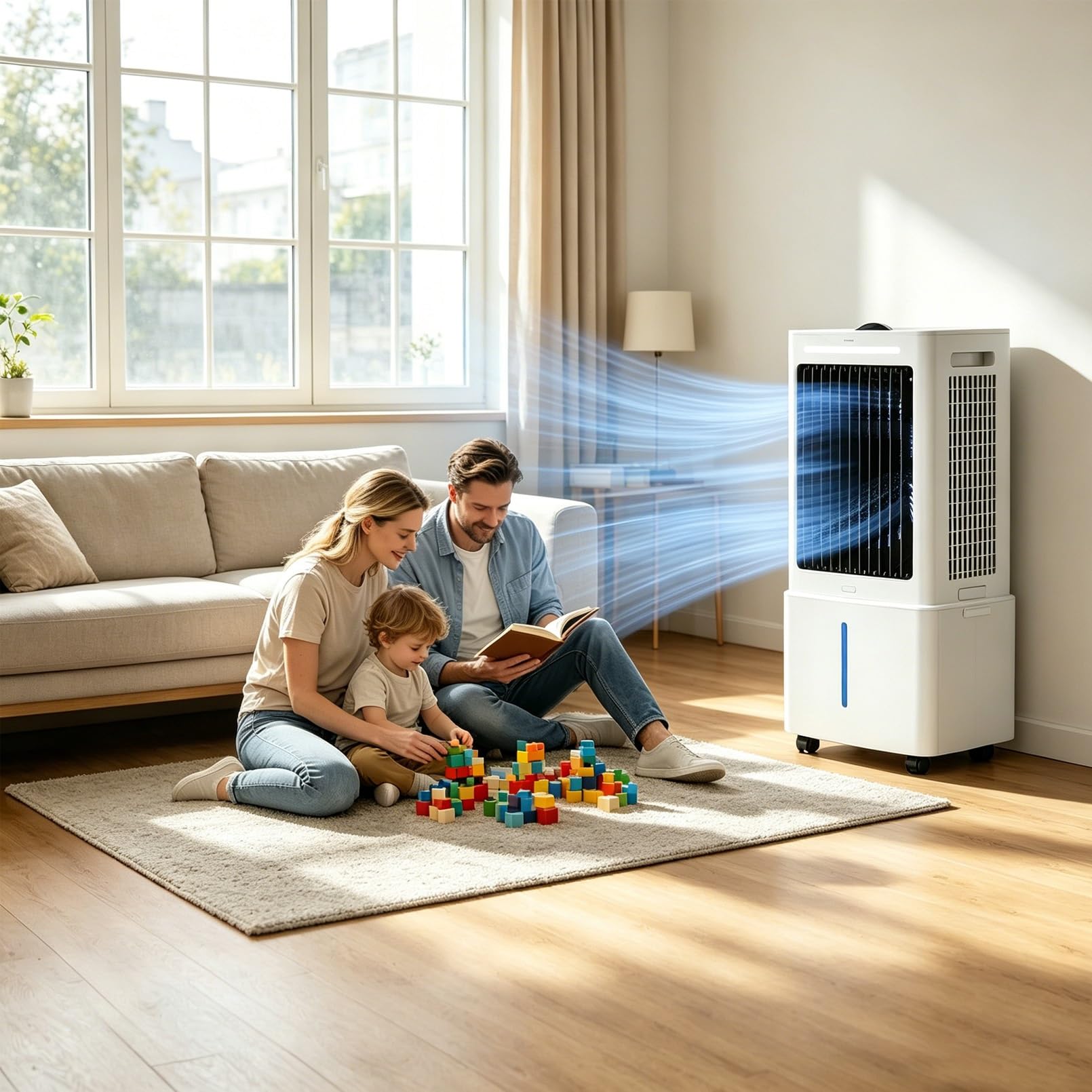Enfriador de aire 25L con 2 bloques de hielo, 2000m³/h, 80W, 3 vel., 3 modos, mando, temporizador, oscilación, para 15-20m²