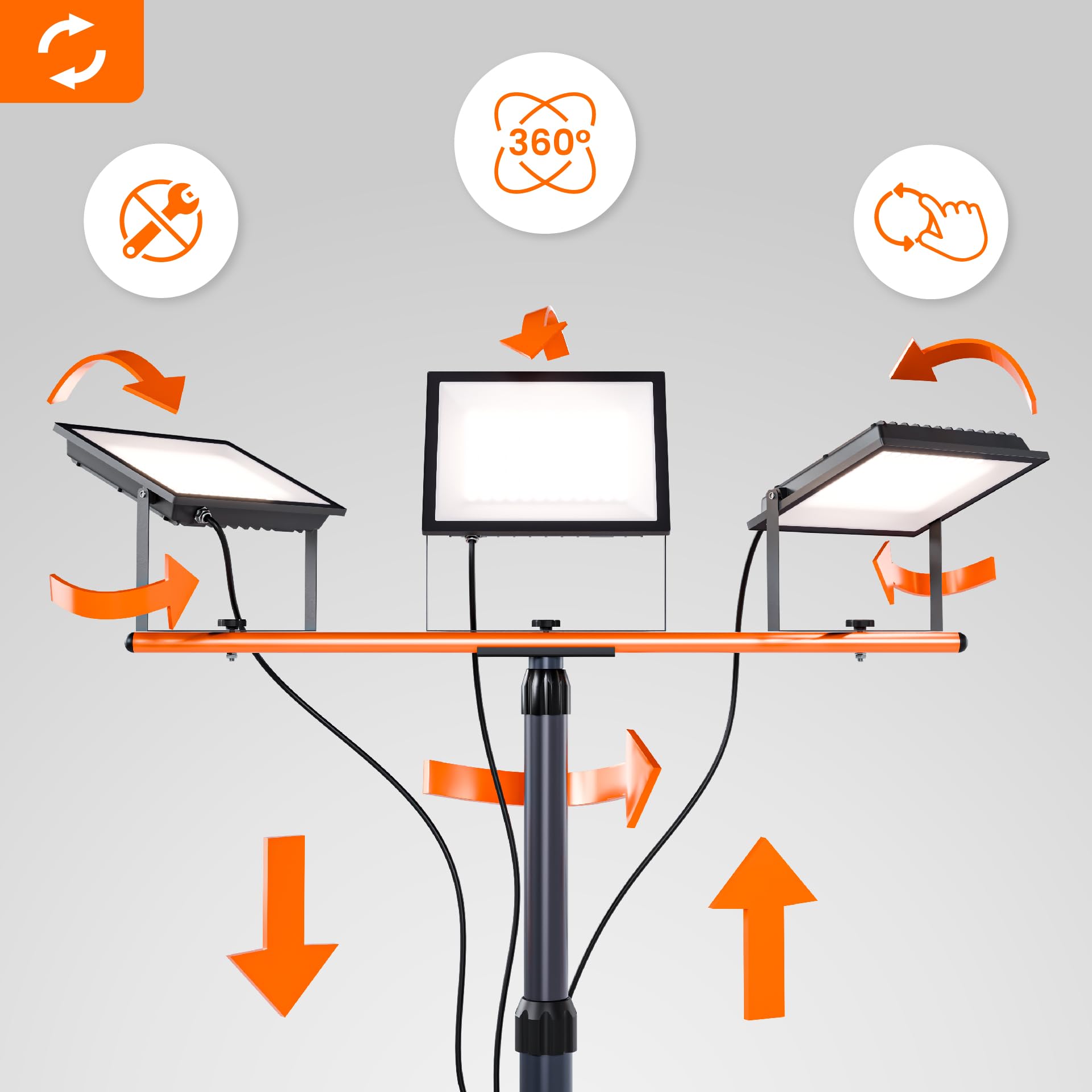 SmartLED Baustrahler Arbeitsstrahler mit Stativ 3x50W, LED Strahler 3x5500 Lumen, 1,60 m Einstellbar Teleskopisch, 360° Grad Drehung, 180 cm Kabel, IP65, kompakt und leicht (3x 50W 16500lm)