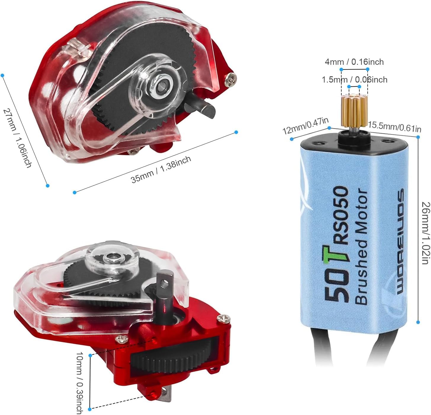 2 in 1 ESC e ricevitore 3CH 2.4G RC trasmettitore telecomando con motore spazzolato 050 50T cambio combinato (motore combinato 1 e 050 50T rosso)