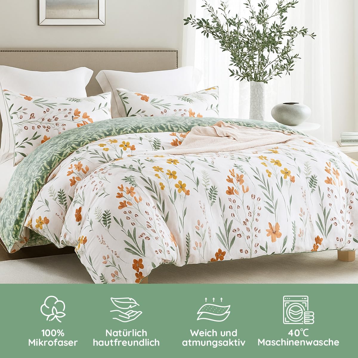 Lanqinglv Biancheria da letto 135 x 200 cm, 4 pezzi, verde oliva, verde