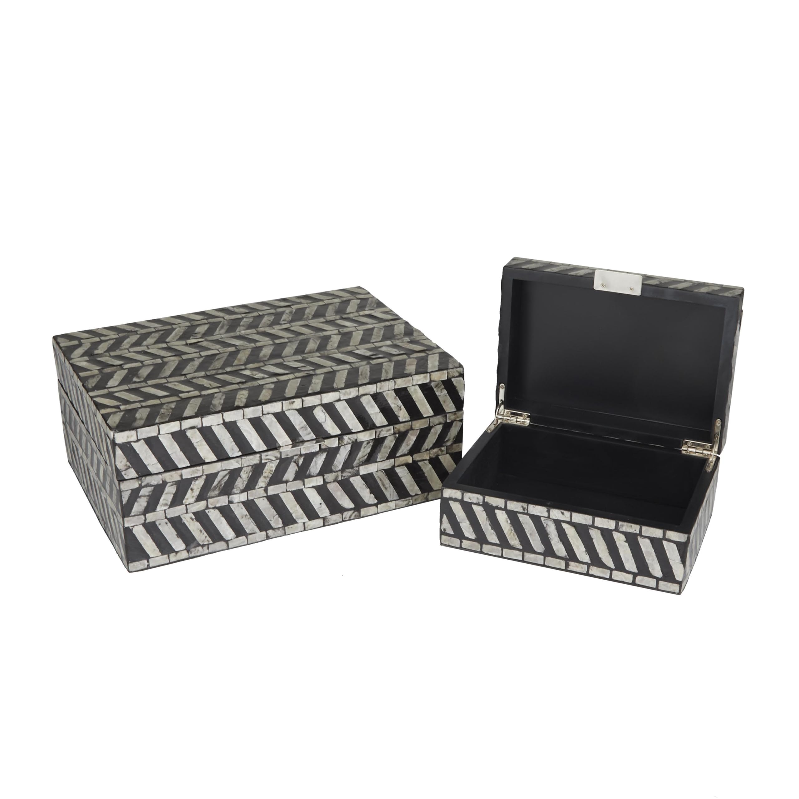 Deco 79 Mother of Pearl Shell Handmade Decorative Box Chevron Pattern Decorative Keepsake Boxes with Hinged Lid, Set of 2 Storage Boxes 12", 8"W, Gray