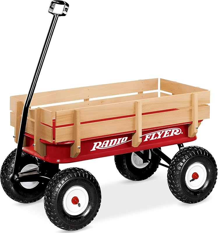 Kids Wagon, Rolling Cart, Beach Cart, Carts with Wheels | All-Steel Body with Wood Sides, 10” All-Terrain Rubber Tires, Extra-Long Handle Folds Under, Controlled Turning Radius