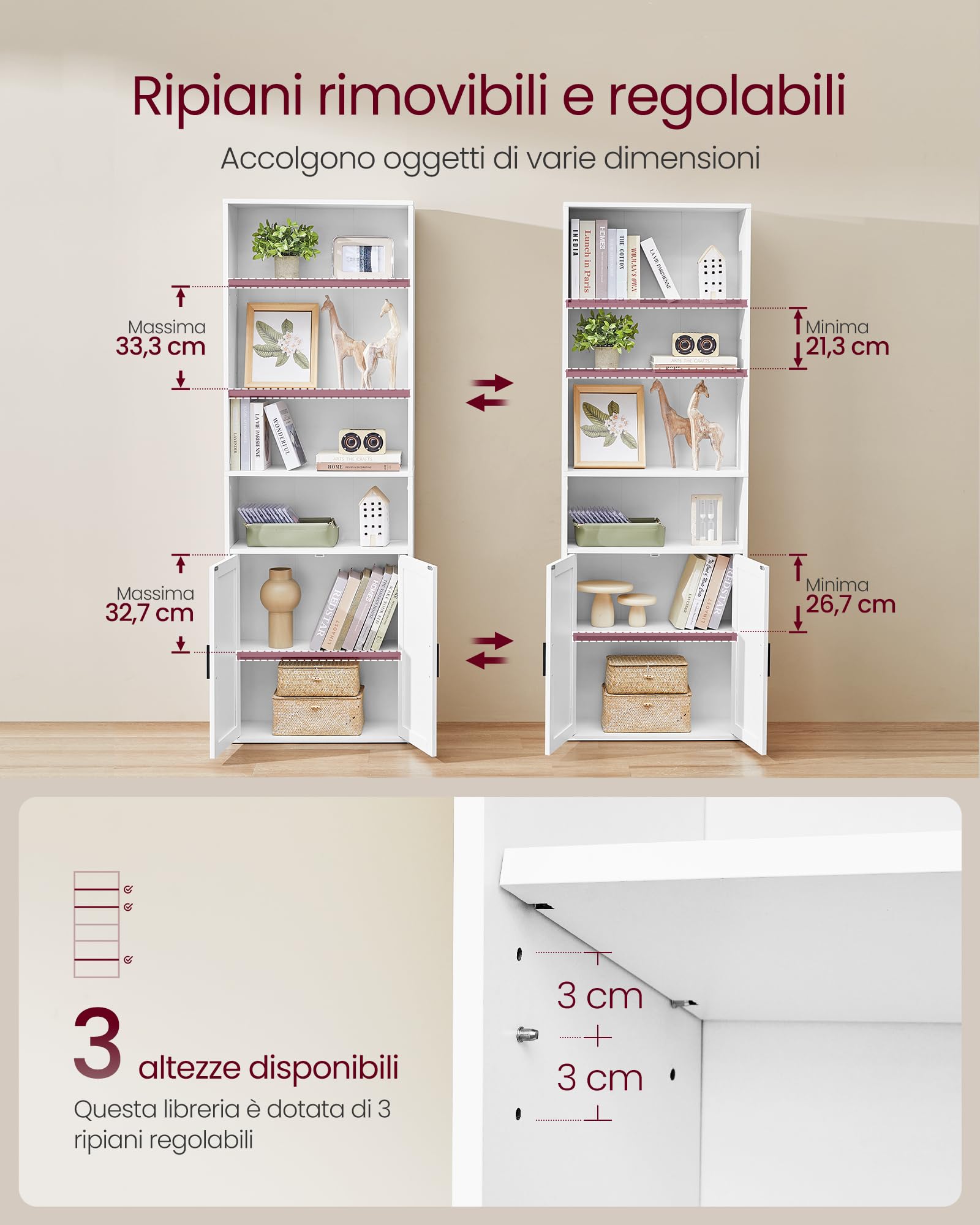 VASAGLE Libreria, Libreria Scaffale Verticale a 6 Ripiani, con Ante, 24 x 60 x 175 cm, per Soggiorno Studio Ufficio Sala da Pranzo, Bianco Nuvola LBC402W01