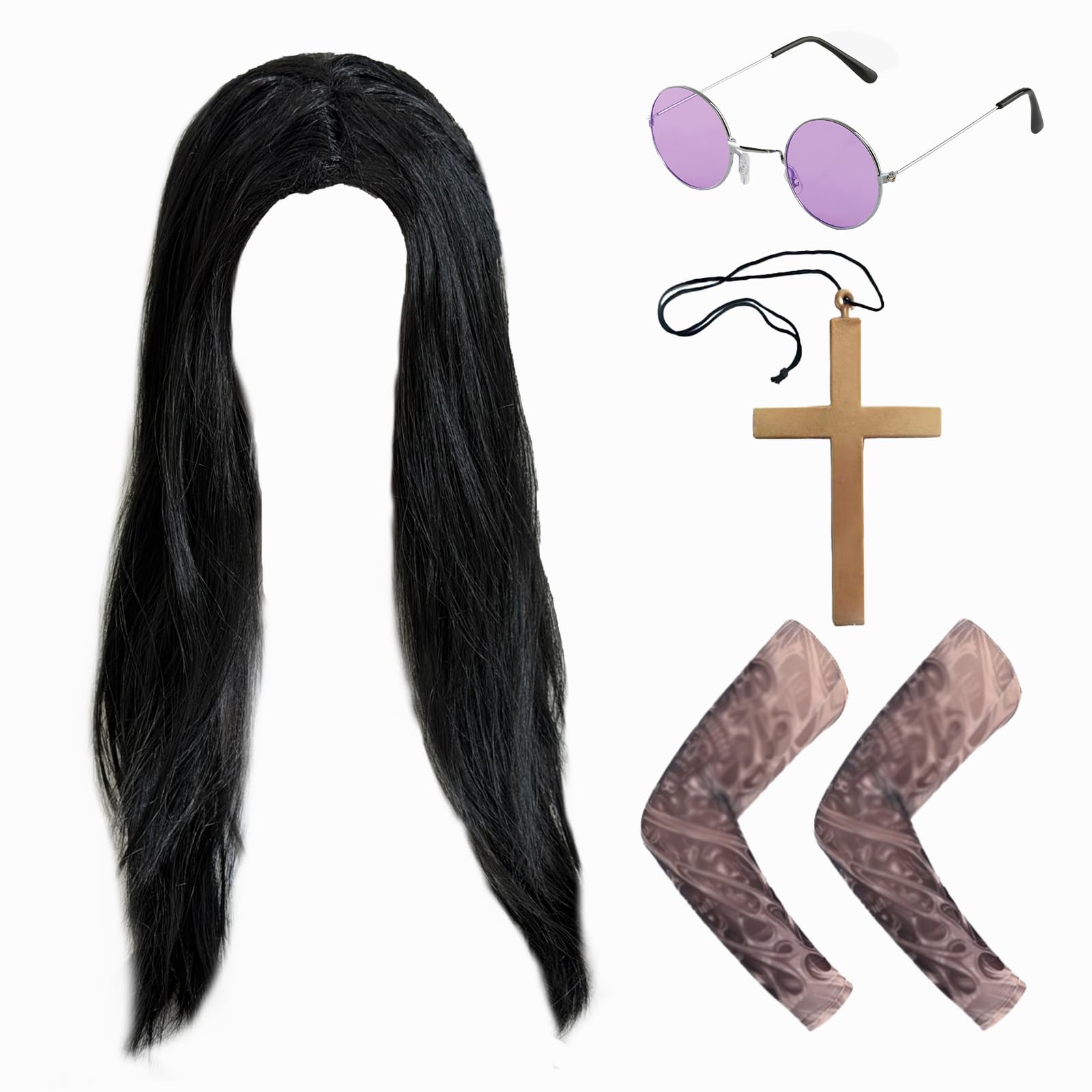 ATSNOSH 4 Pcs Prince of Darkness Accessory Set, Adults Rock Star Fancy Dress Accessory Set, Long Black Wig