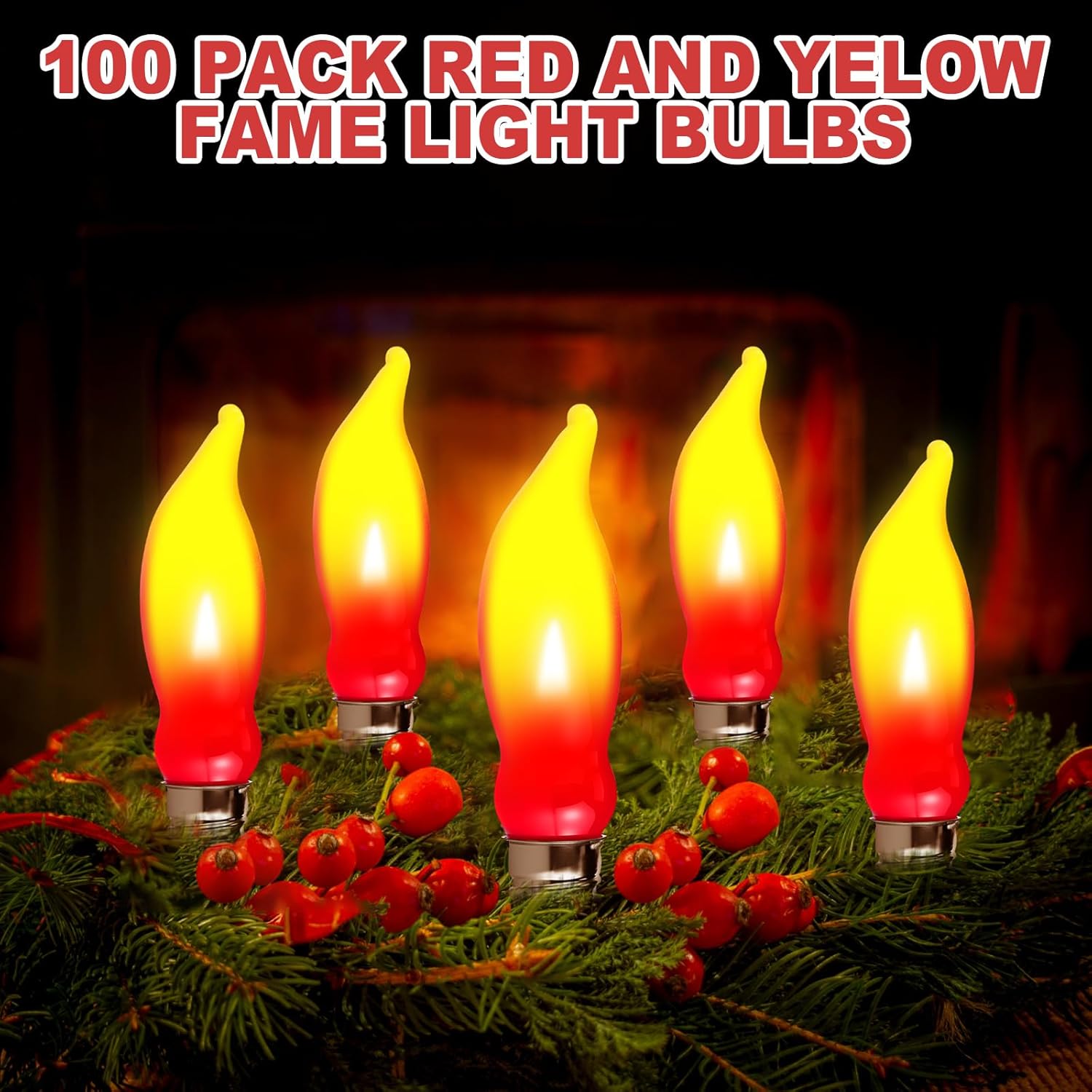 100 Pack Christmas Flame Light Bulbs Bulk 5w 110v Always on 3D Red Yellow Flame Tip Light Bulb E12 Candelabra Base for Candles, Trees, Indoor Outdoor Party Decor