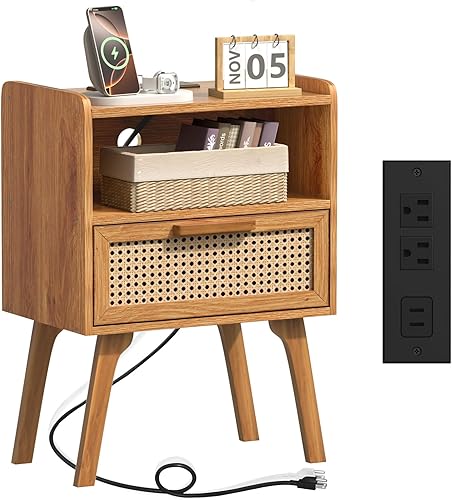Miniatura 8 de Lerliuo Mesita de noche de ratán con estación de carga, mesa auxiliar bohemia con cajón abierto, mesa auxiliar de noche con acento de caña con patas