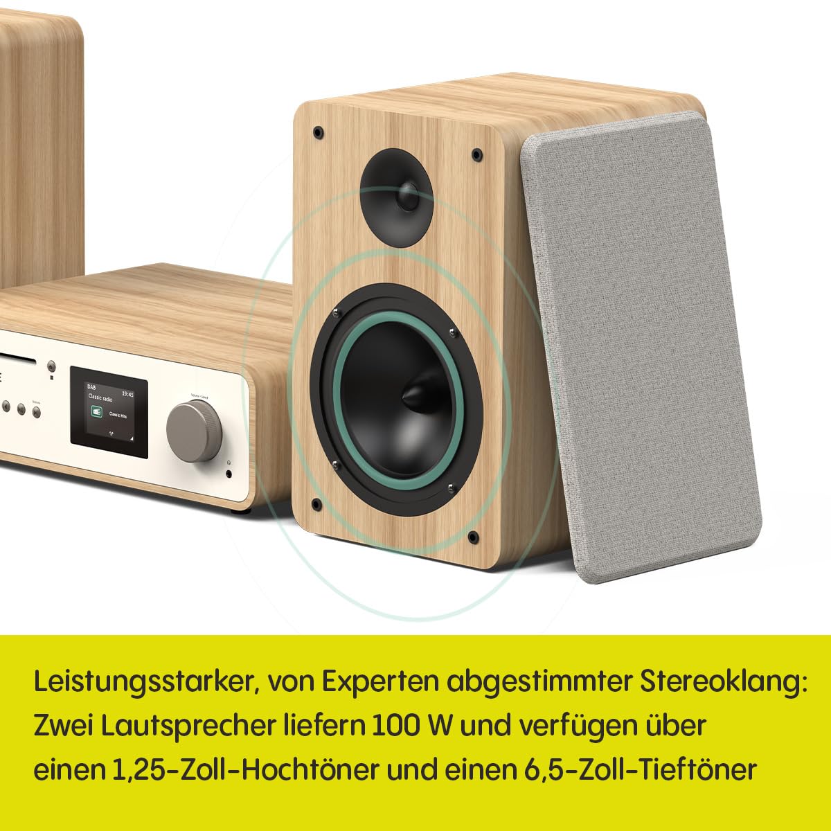 Pure Classic Stereo HiFi Music System, Kompaktanlage (100W Sound, Internet Radio, DAB+/FM, Bluetooth, CD Player, USB and Spotify Connect) Cotton White/Oak