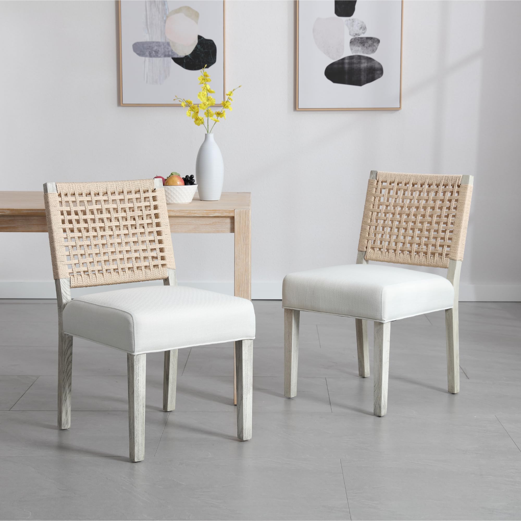 chairus upholstered Dining Chairs Set of 2, Farmhouse Dining Room Chairs Grey Kitchen Chairs with Low Woven Rope Back Wooden Side Chair for Kitchen