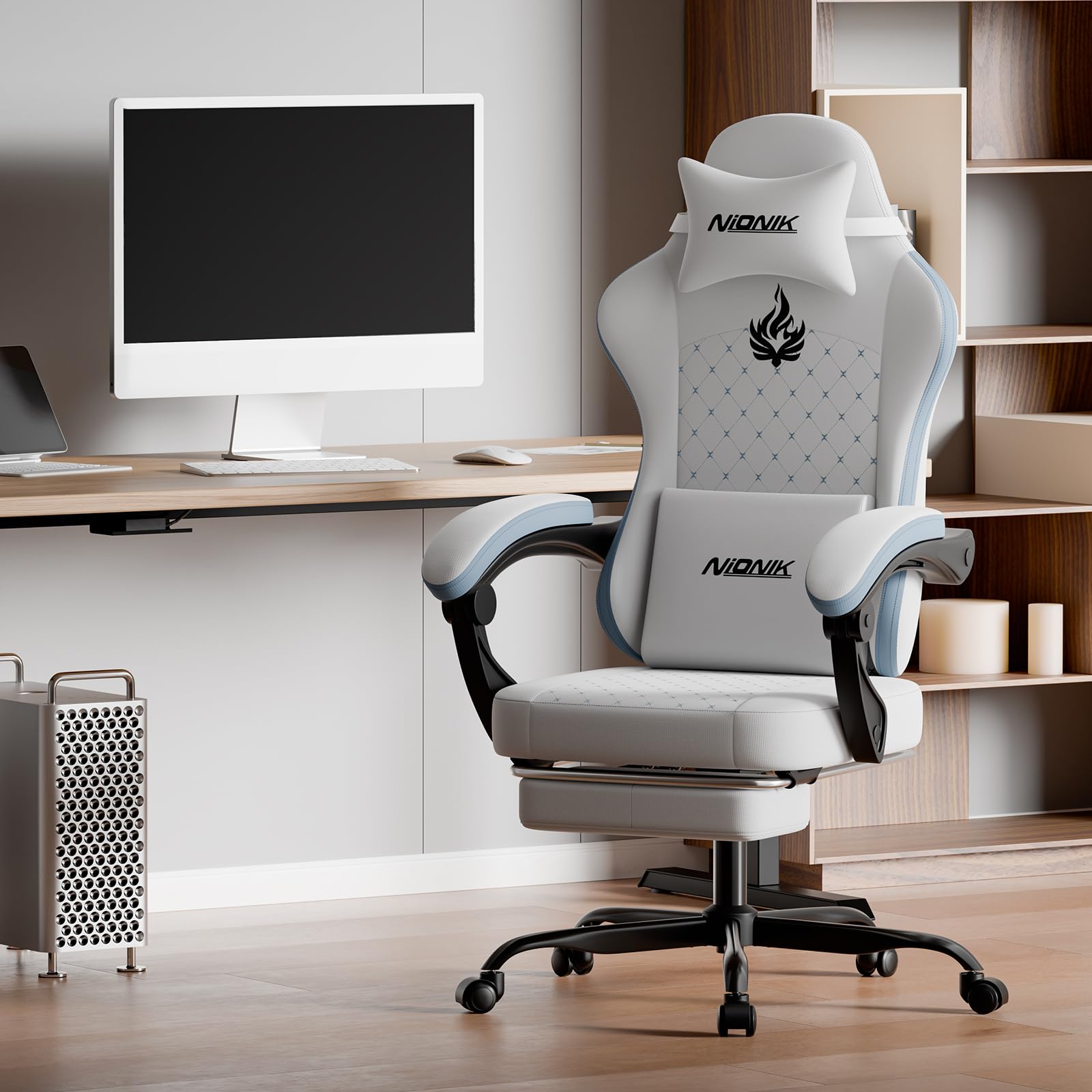 Gaming Stuhl, Ergonomischer Bürostuhl mit Fußstütze & Lordosenstütze, Höhenverstellbarer Schreibtischstuhl für Erwachsene, PC Gaming Stuhl für E-Sports, E-Sport, Streaming und Homeoffice
