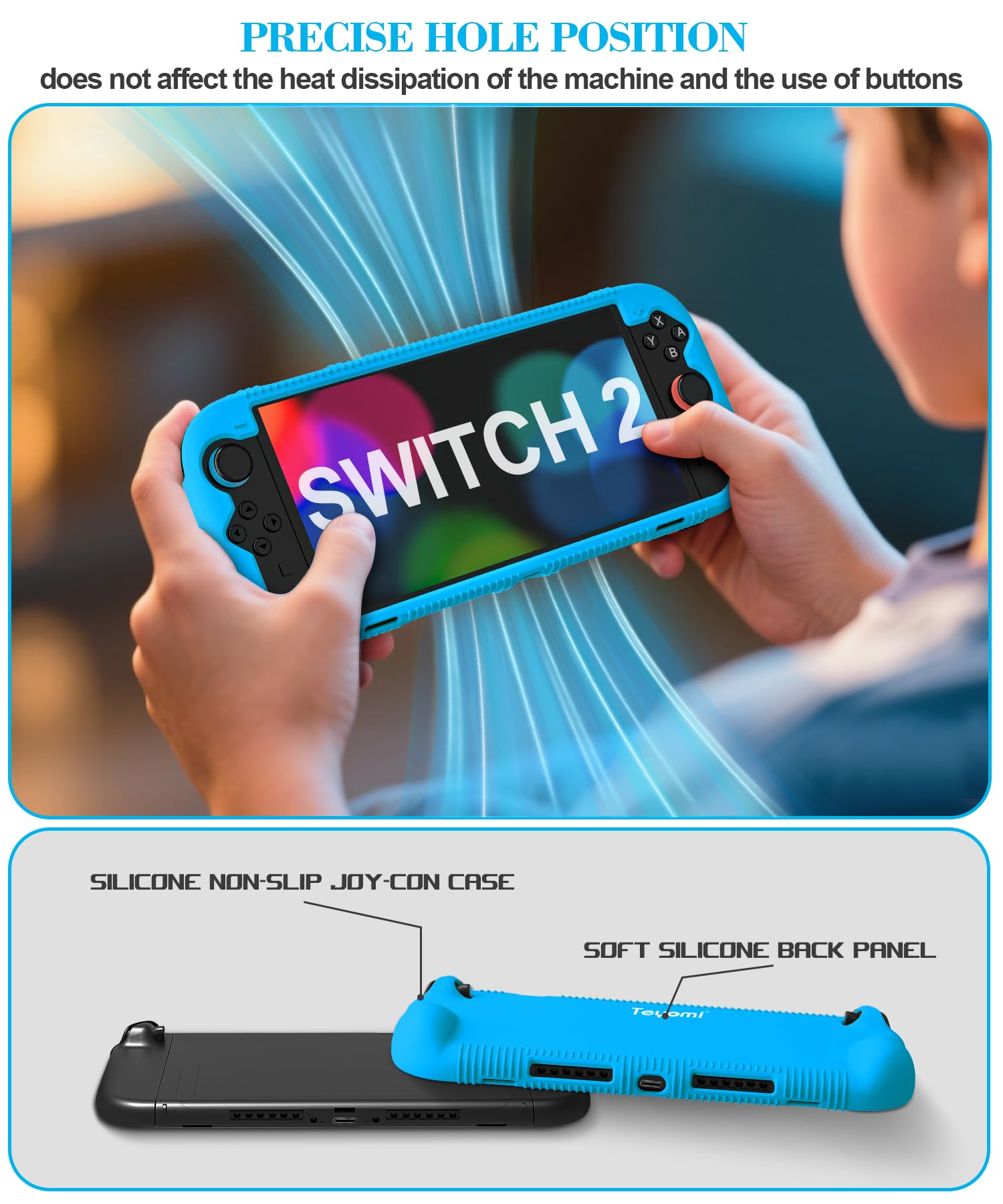 Teyomi Funda protectora de silicona compatible con Nintendo Switch 2, Carcasa para Nintendo Switch 2 con protector de pantalla de vidrio templado, Estuche con agarre ergonómico (Azul) — view 5