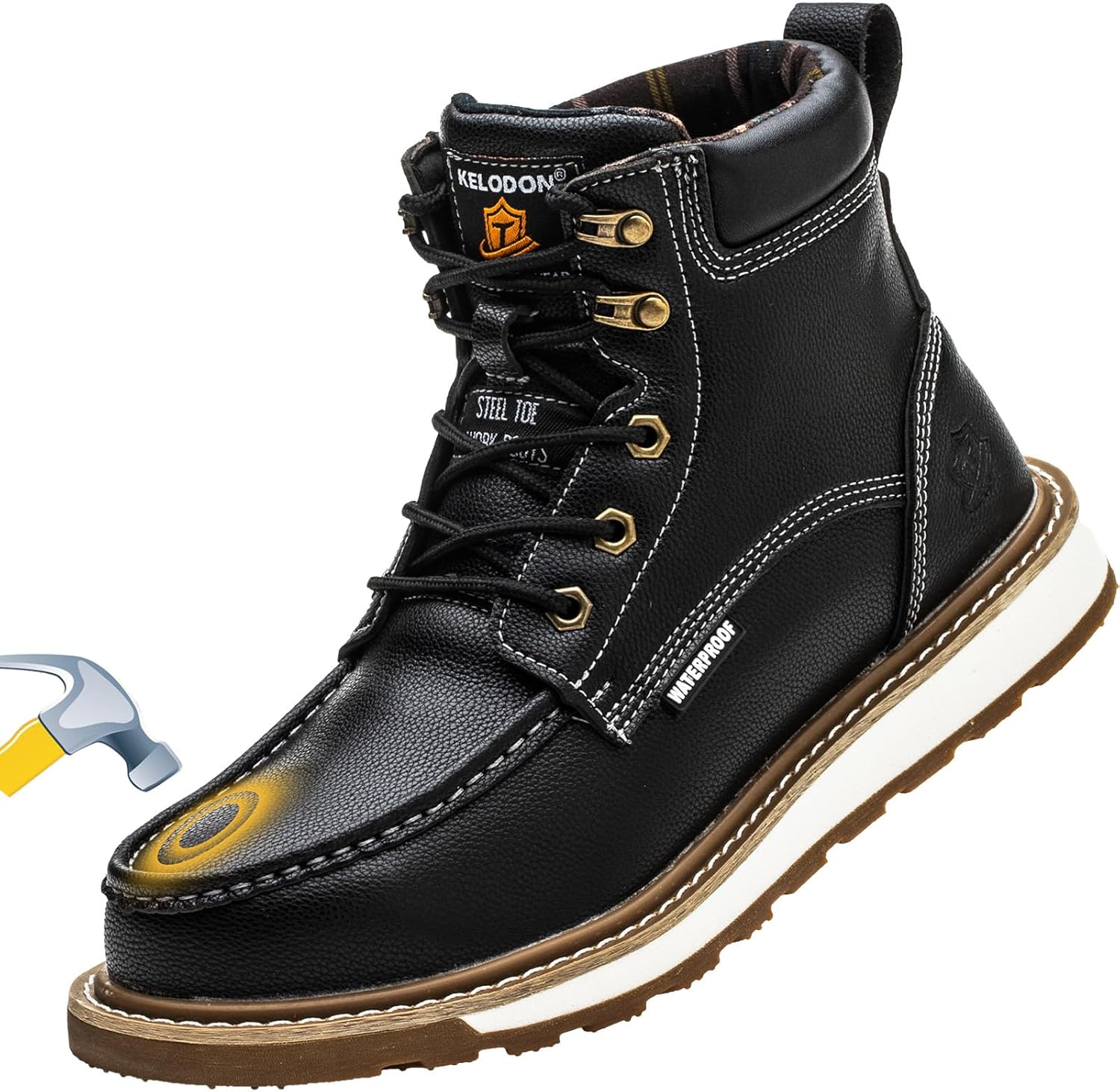 KELODON Waterproof Steel Toe Boots For Men-6" Leather Moc Toe Work Boots Mens Steel Toe Shoes Indestructible Non Slip Resistant Construction Safety Boot