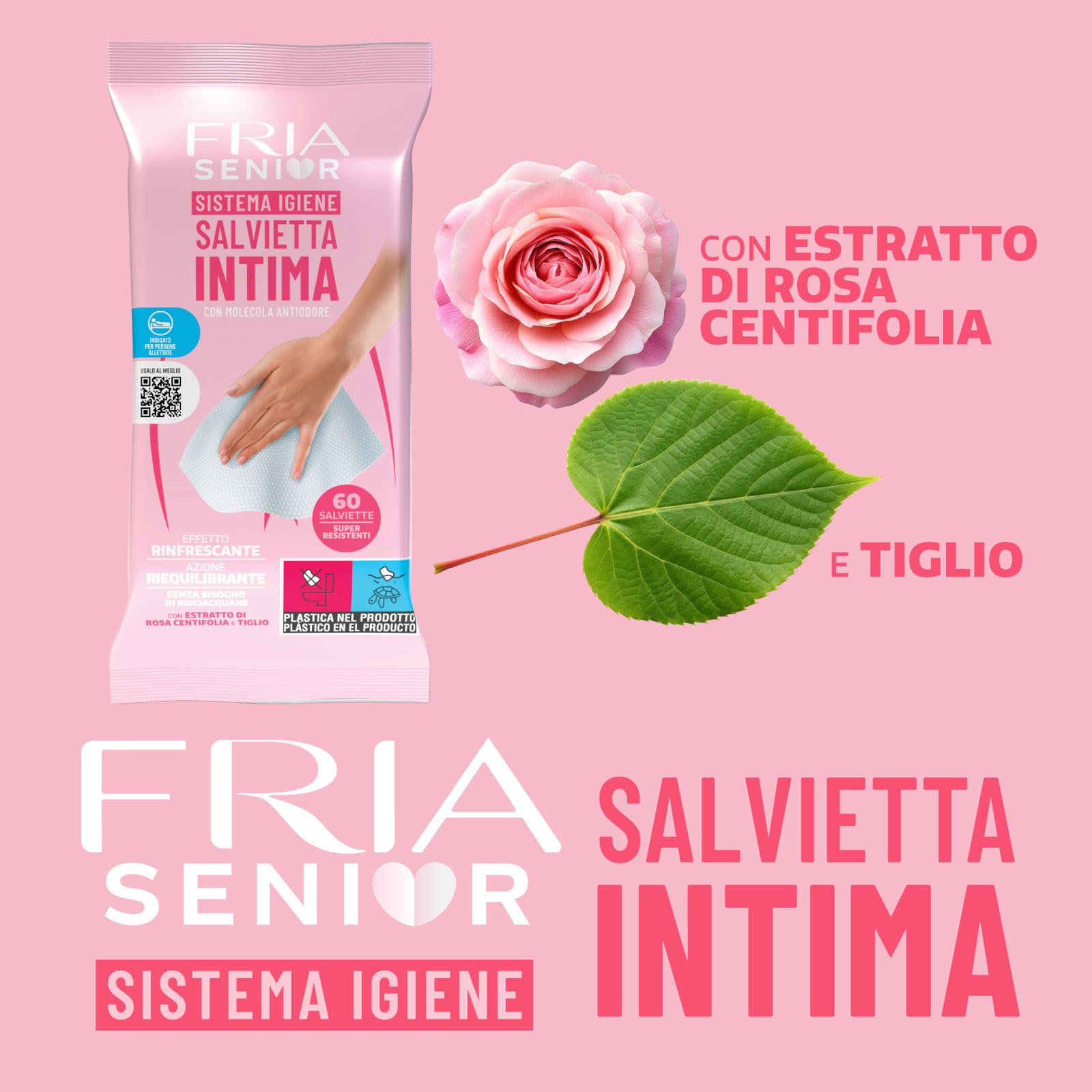 Salviette per l’Igiene Intima degli Anziani - con Estratti di Rosa Centifolia e Tiglio - Azione Riequilibrante - Antiodore - Formato: 60 Salviette - FRIA Senior (Confezione da 4)