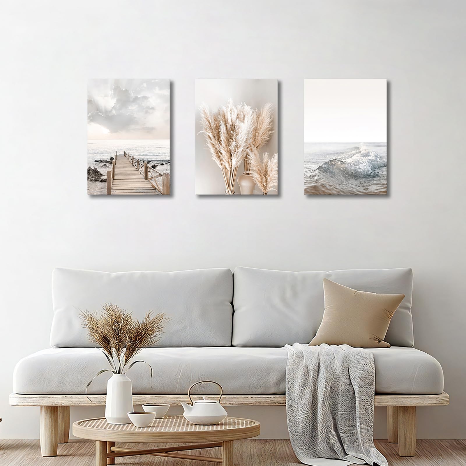 3 Pcs Wooden Framed Canvas Wall Art Set Bohemian Sage Green Canvas Prints Poster Geometric Line Beige Green Pictures for Living Room Bedroom Dinning Room Hallway Stairs Wall Decor 30x40cm x3pcs — view 37