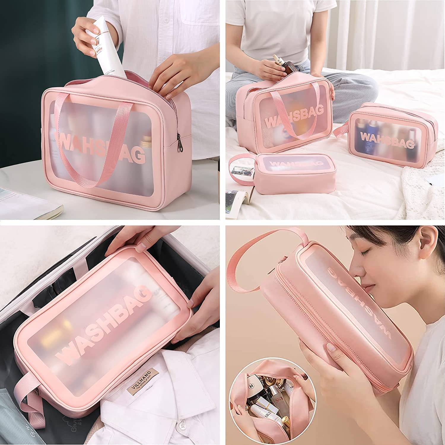 TAGUDA PVC Washbag Set Of 3 Pcs Cosmetic Toiletry Makeup Vanity Shaving Household Grooming Travel Storage Organizer Bags Pouch Kit Pack For Men Women Girls Travel (Pink)
