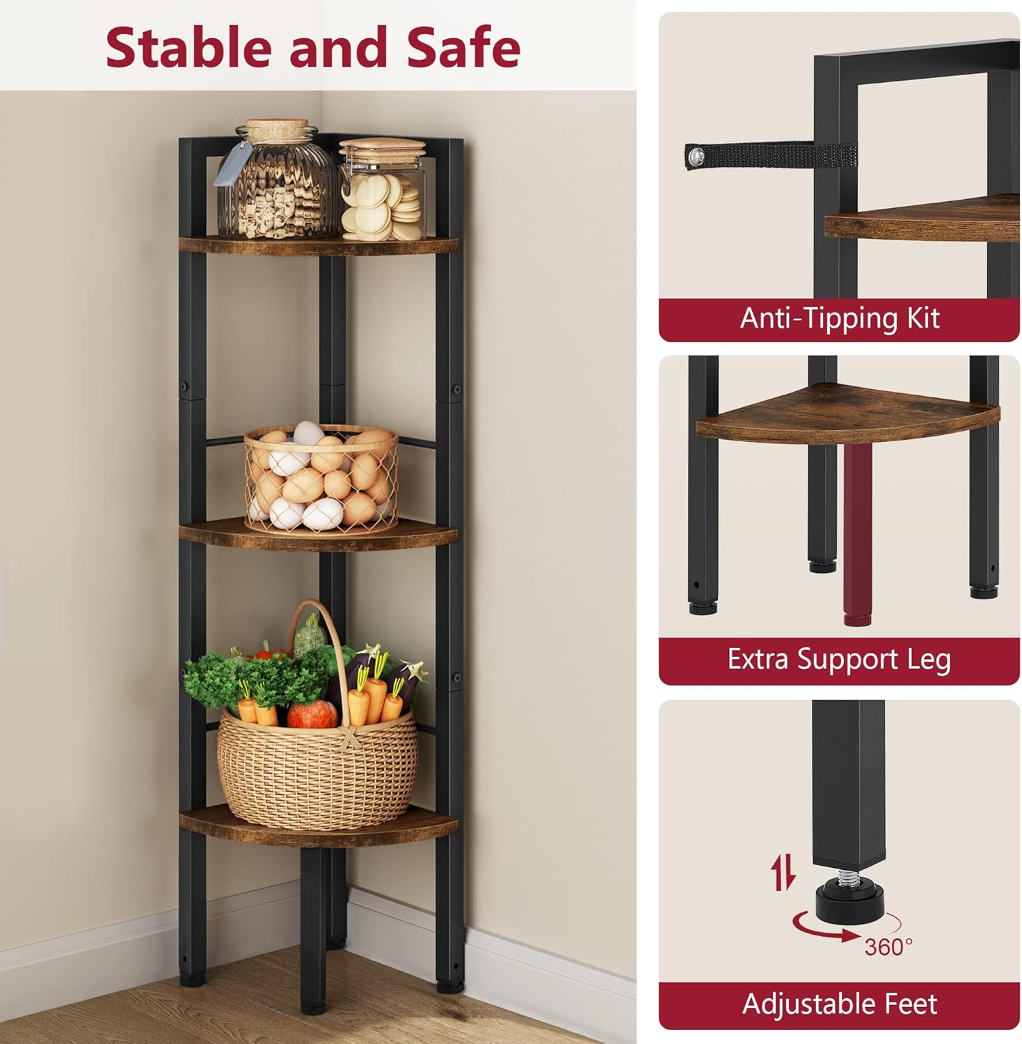 Tajsoon Small Corner Shelf Stand 3 Tier 39.6" Industrial Corner Display Shelf Shelving Unit, Corner Tables for Small Spaces, Bedroom, Living Room, Office, Kitchen, Rustic Brown