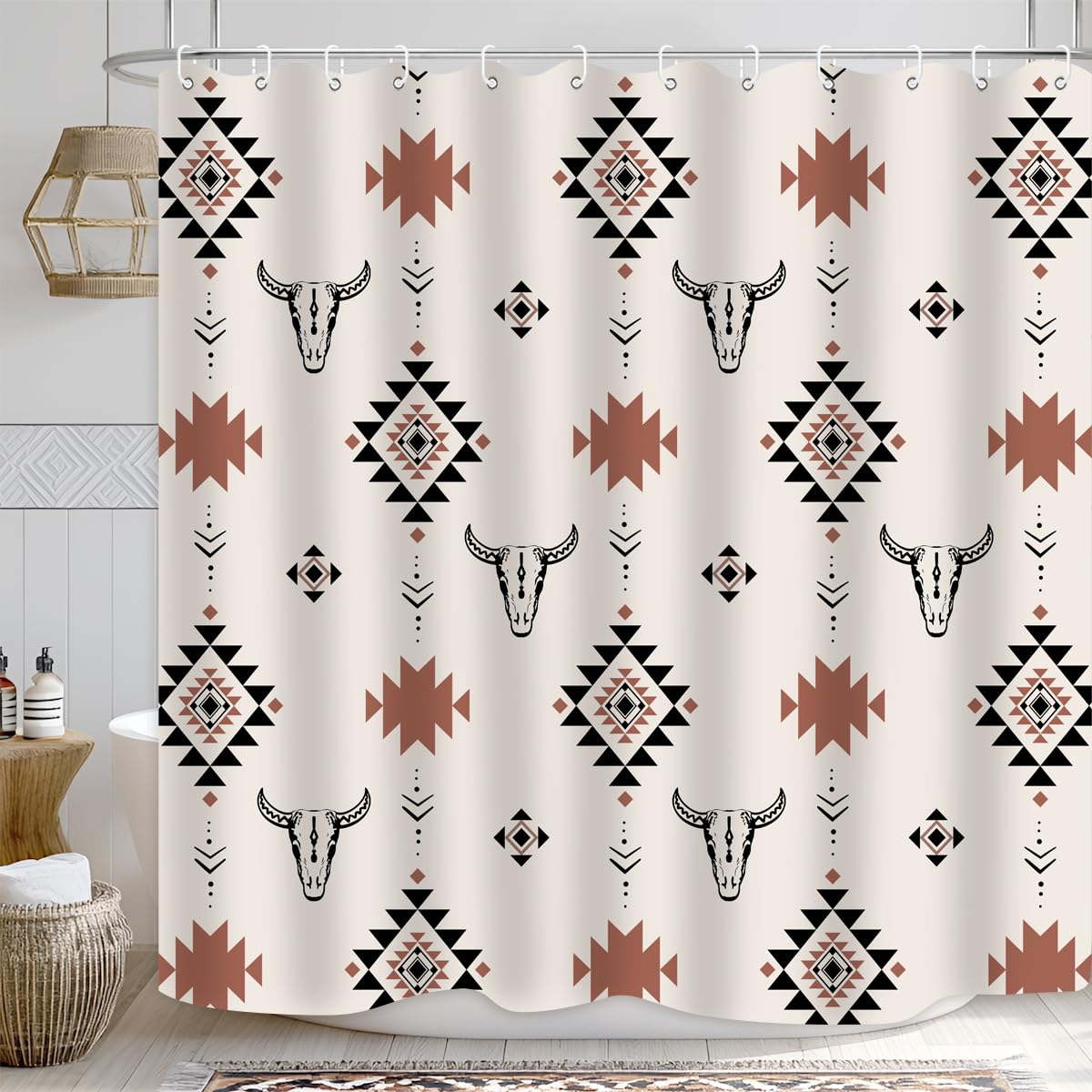 ZXMBF Bull Skull Aztec Shower Curtain Western Tribe Native American Geometric Stripes Boho Abstract Vintage 72Lx72W Inch Bathroom Decor Polyester