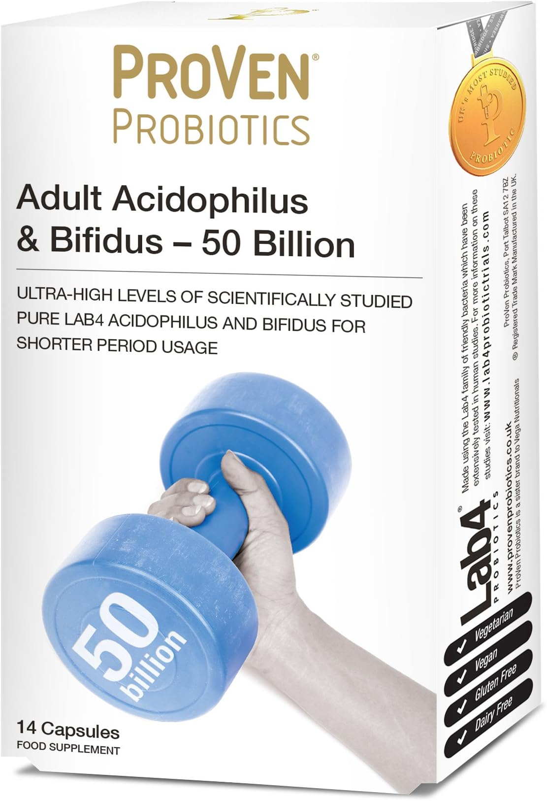Proven Probiotics Ultra High Strength Adult Acidophilus and Bifidus 14 Capsules - 50 Billion CFU Friendly Bacteria for use alongside antibiotics