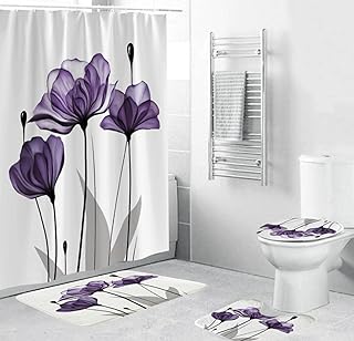 Fioletowy Kwiat Zestaw Zasłon Prysznicowych 4-Częściowy, Zasłona Prysznicowa Wodoodporna + Mata Łazienkowa + Mata Konturowa W Kształcie Litery U + Pokrowiec Na Deskę Sedesową + 12 Haczyków