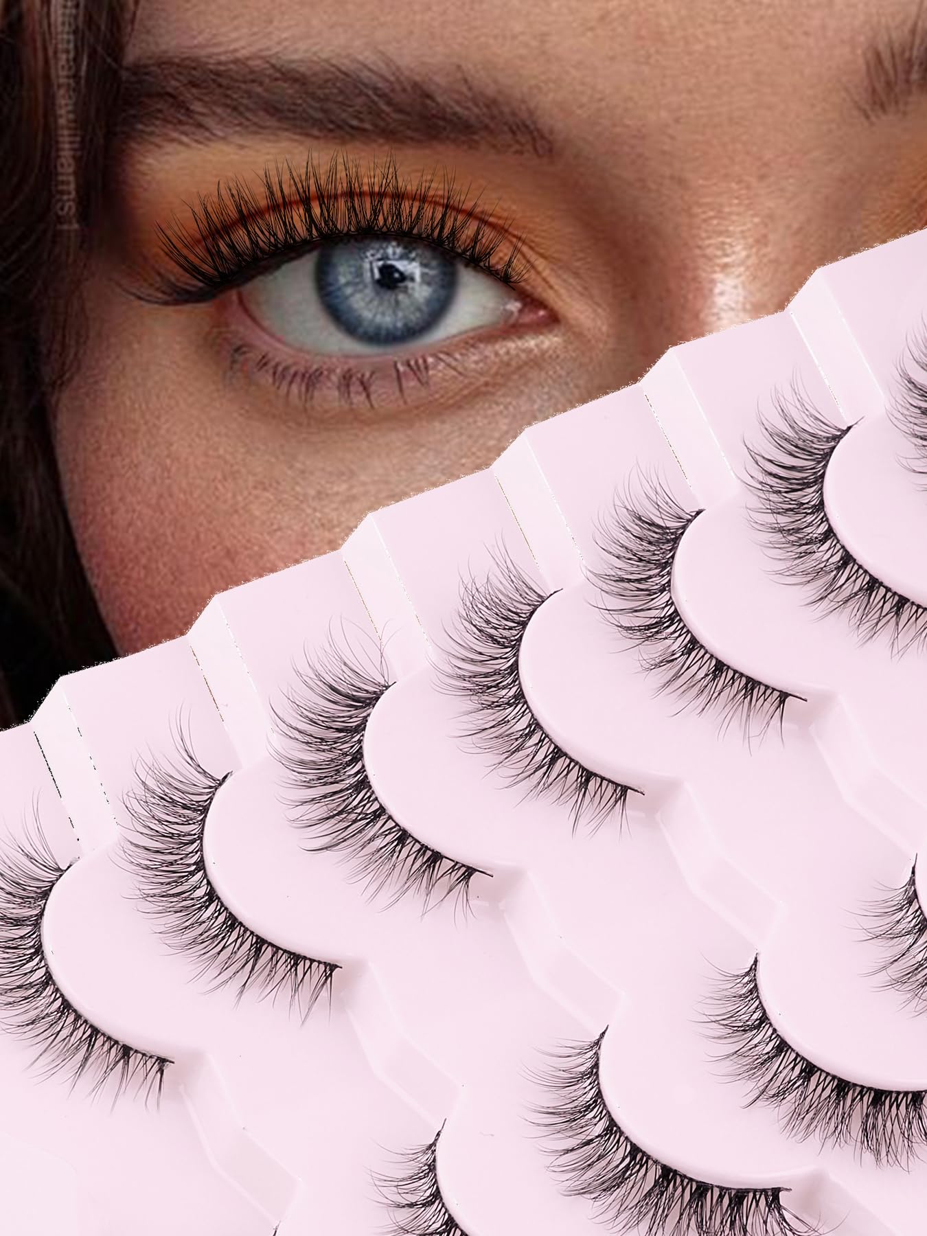 Natural Lashes Wispy Cat Eye Lashes 12mm False Eyelashes Natural Look Strip Lashes Thin Cotton Band Soft Eyelashes 3D Volume Lashes Pack C Curl