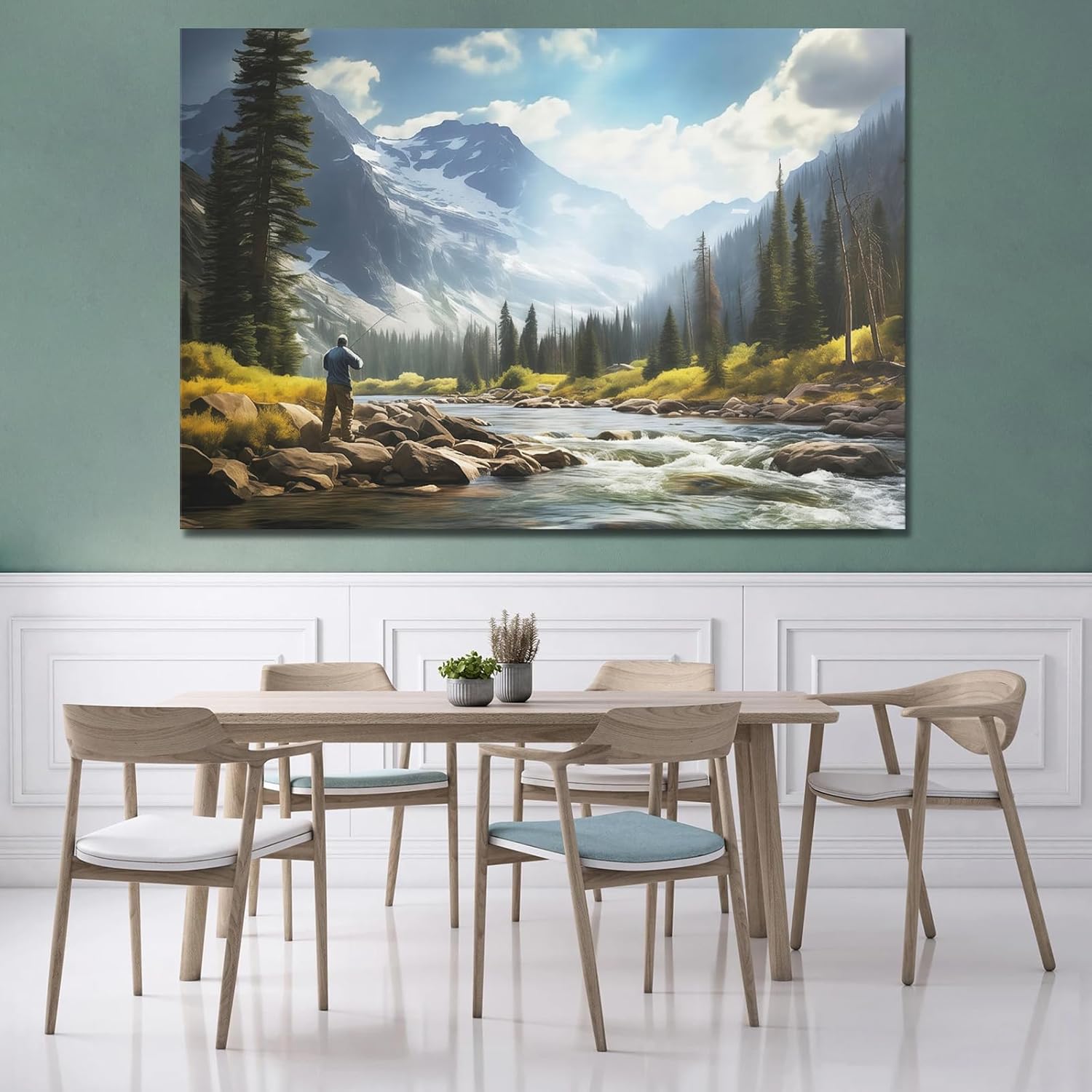 Fly Fishing Canvas Wall Art, Mountain Stream Wall Decor, Rustic Cabin Fly Fisherman Framed Poster Ready To Hang, Fishing Gift (Framed,16×24 inch)