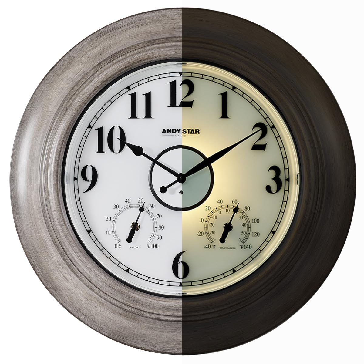 ANDY STAR 21 Inch Large Luminous Outdoor Wooden Wall Clock with Temperature, Waterproof Farmhouse Wood Pool Clock, Oversized Round Wall Clocks Battery, Vintage Brushed Gray Oak Finish