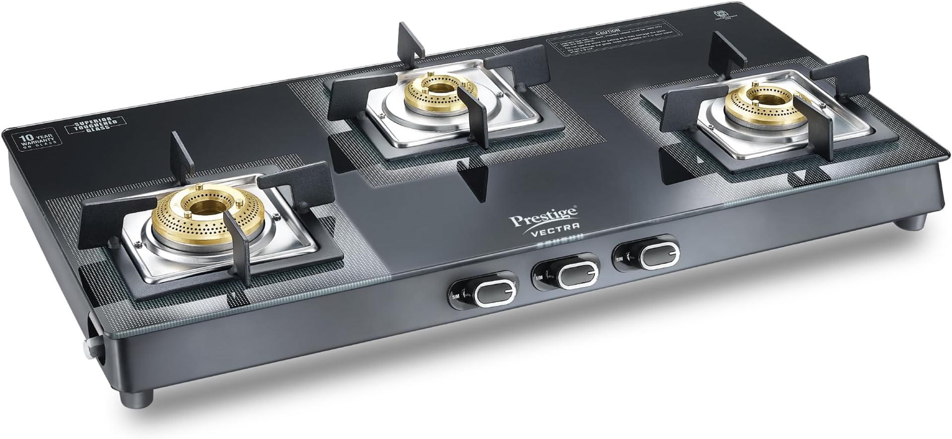 Prestige Vectra 3 Burner Gas Table | Powder Coated Body | Glass Top | 3 Brass Burners
