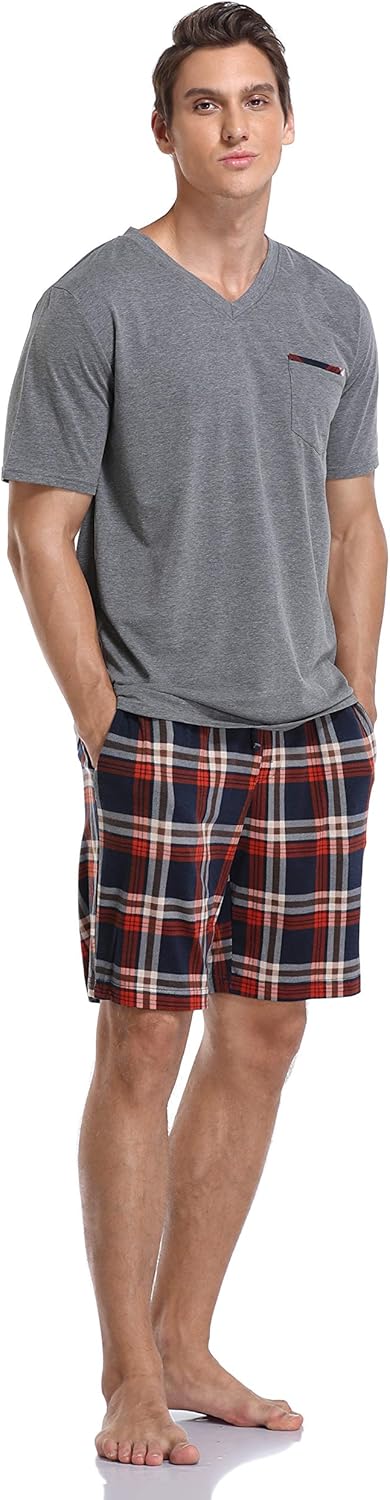 Vlazom Men's Pajama Sets Soft 2 Piece Pj's Set Short Sleeve Cotton Top and Plaid Pants for Loungewear Sleepwear with Pockets - Image 6