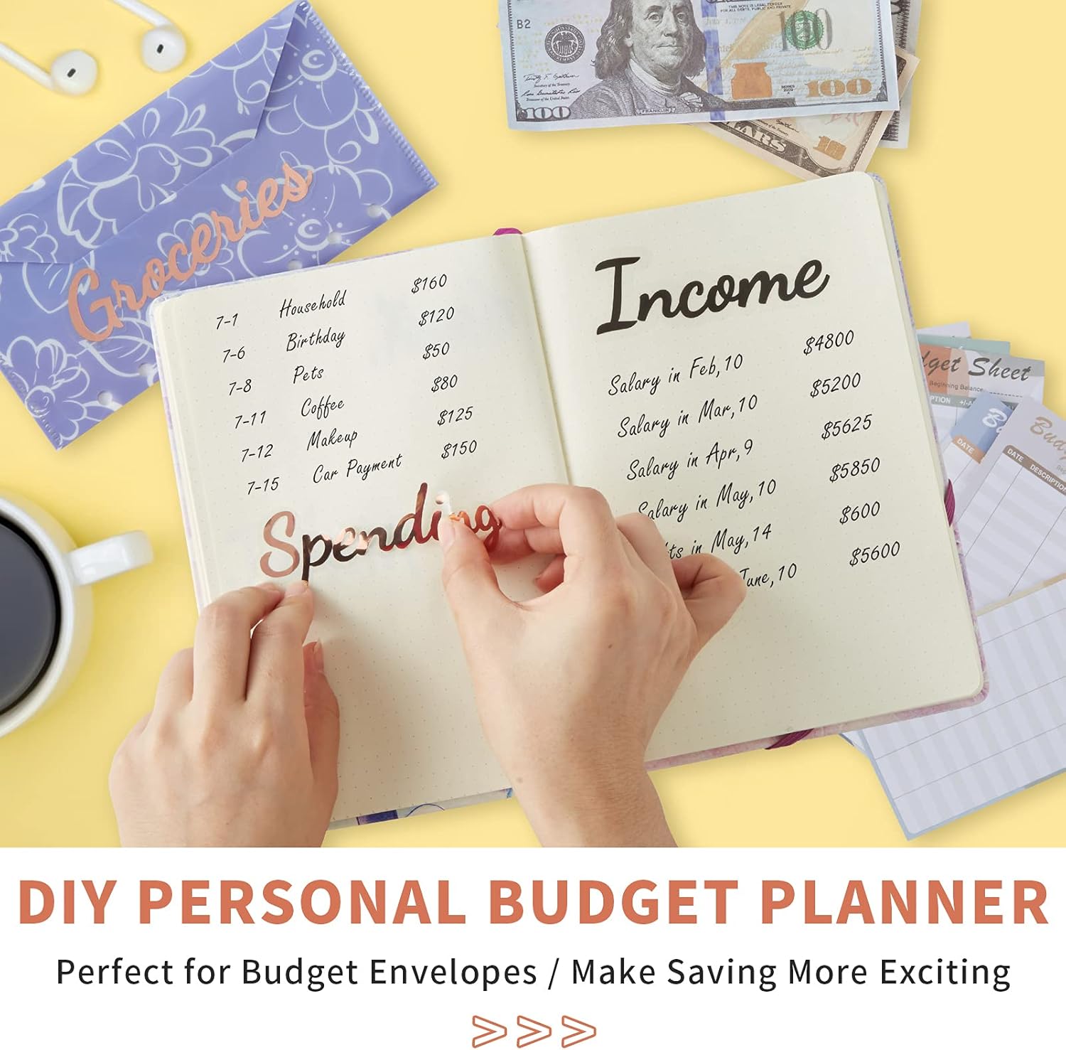 A6 Cash Envelope Budget Binder - Rose Gold Letter Stickers with Blue Budget Binder with 12 Zipper Envelopes & Expense Tracker & Budget Labels, Cash Wallet Planner Organizer for Money, Receipt : Office Products