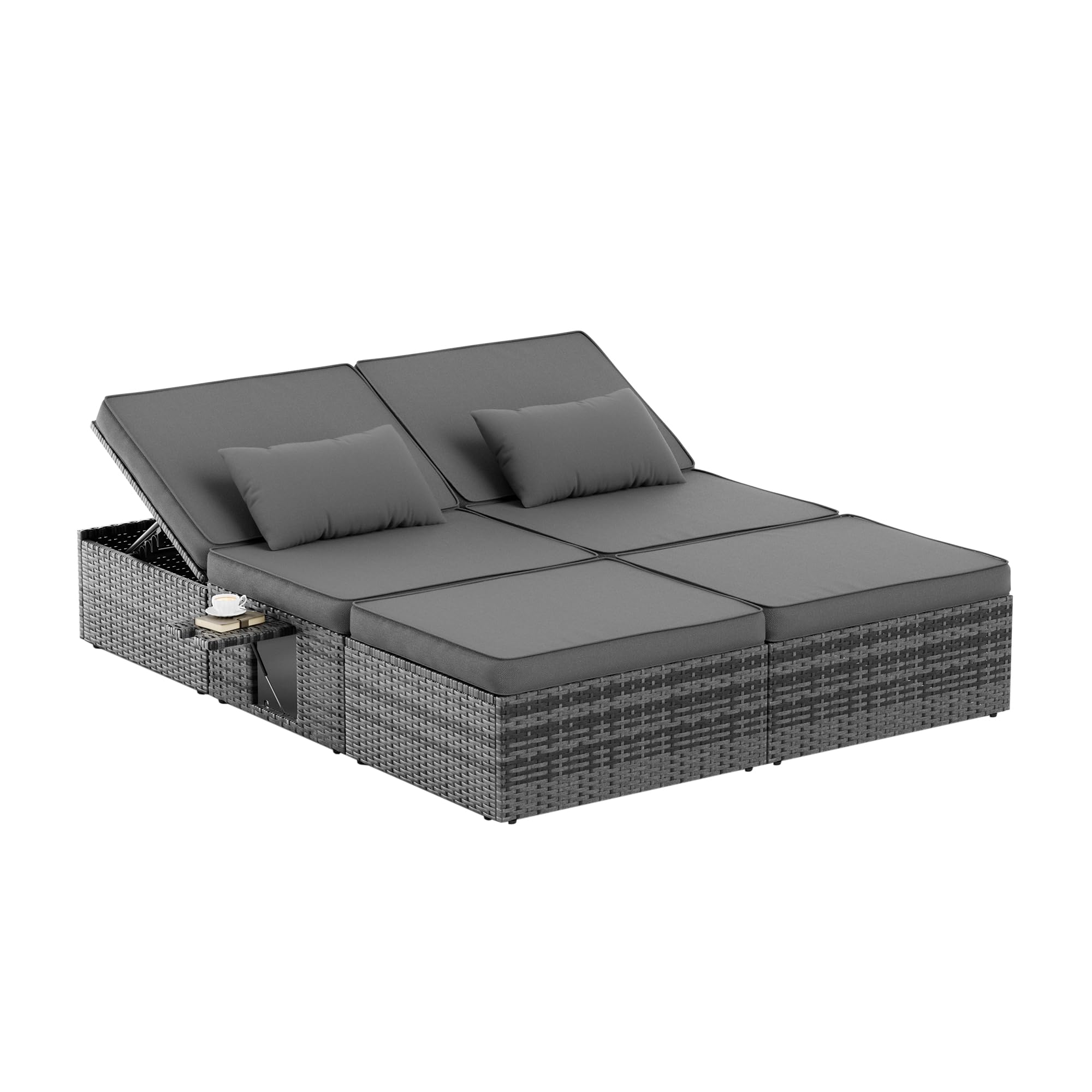 Amopatio Sonnenliege 2 Personen mit Klapptisch, XXL Wetterfest Gartenliege 200kg Belastbar, 200x160x30cm Rattan Doppelliege Gartenlounge Liegestuhl Verstellbar für Garten, Balkon & Terrasse, Grey