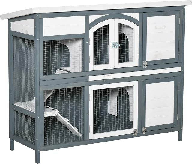 PawHut Two-Tier Wooden Rabbit Hutch Guinea Pig Cage w/ Openable Roof, Slide-Out Tray, Ramp - Grey