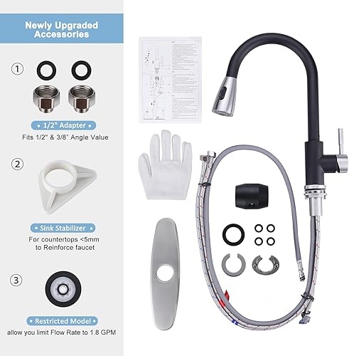 Vista 46 de WOWOW - Grifo de cocina cromado con rociador, grifo de fregadero de cocina extraíble de acero inoxidable con placa de cubierta, grifo de cocina