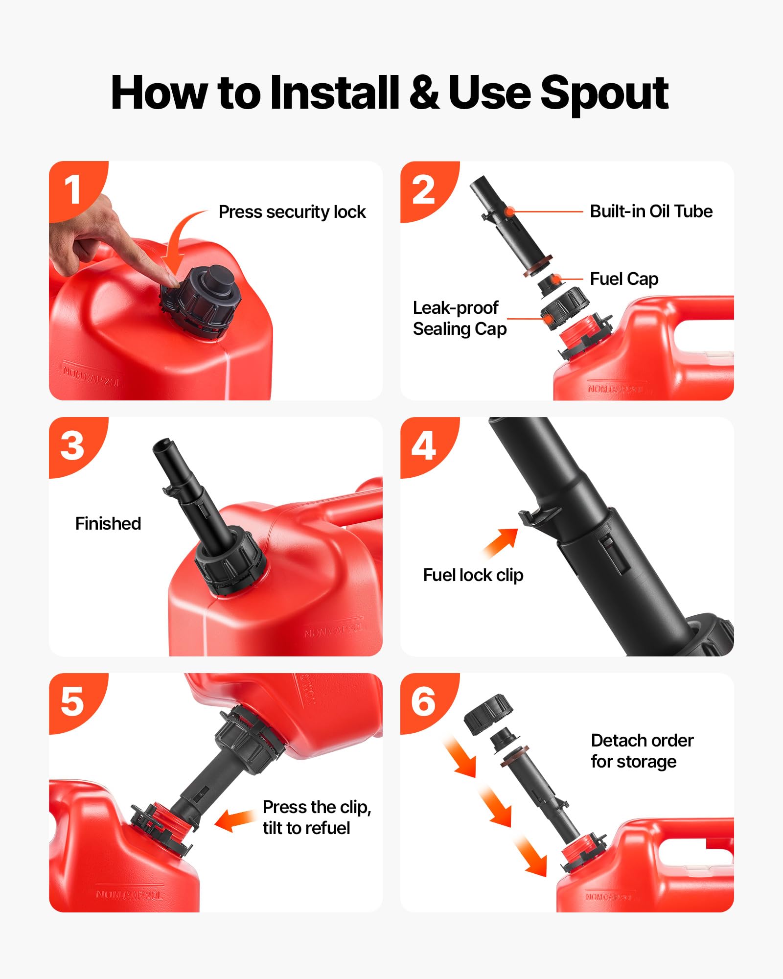 VEVOR Bidón de Gasolina de 19 L, Tanque de Combustible de HDPE y PP, con Pico y Escala, Caudal Máximo de 15 L/min, a Prueba de Fugas, para la Mayoría de Autos, Motocicletas, ATV, UTV, Rojo, 4 Piezas