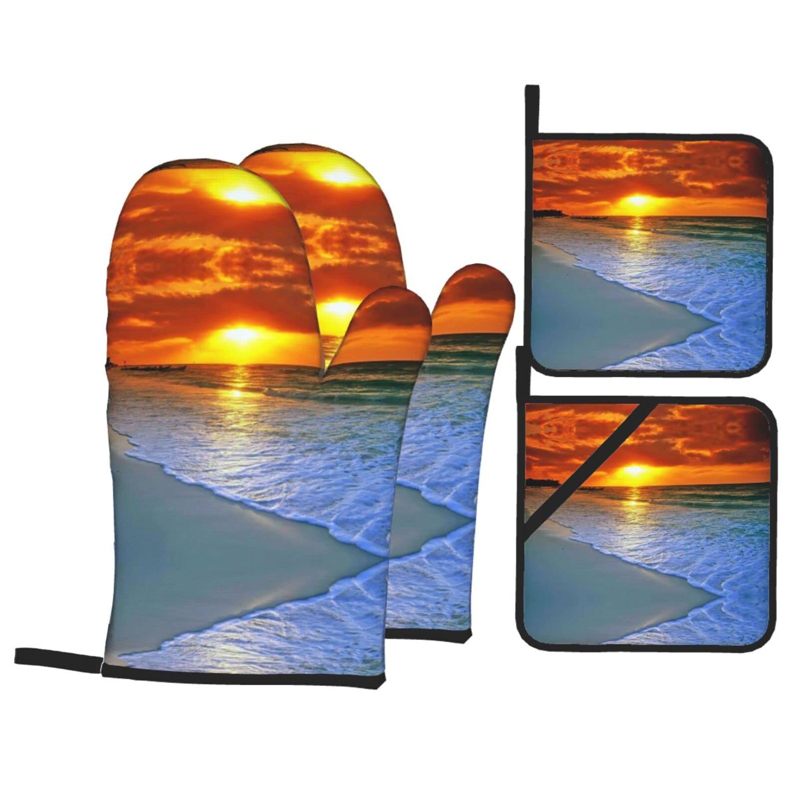 Beach with Sunset Oven Mitt and Pot Holder 4-Piece Set for Kitchen, Outdoor Grill, Baking