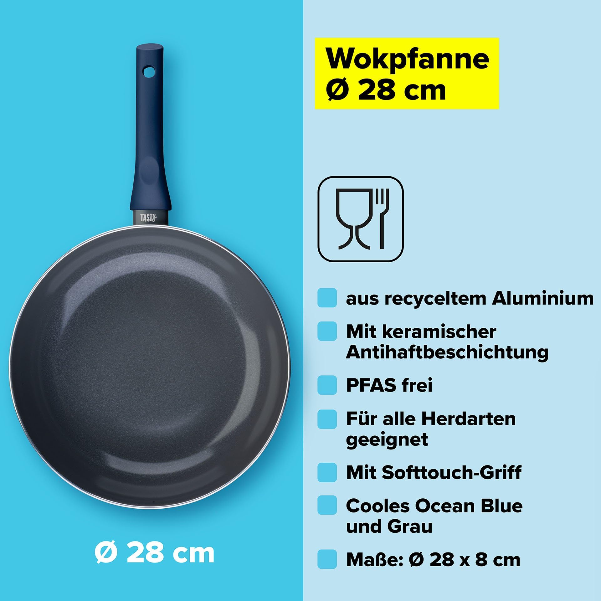 Tasty Ocean Blue Antiaanbakpan, 24 cm, hoogwaardige pan van gerecycled aluminium met keramische antiaanbaklaag, ook geschikt voor inductie, PFAS-vrij, blauw/grijs Tasty Ocean Blue Antiaanbakpan, 24 cm, hoogwaardige pan van gerecycled aluminium met keramische antiaanbaklaag, ook geschikt voor inductie, PFAS-vrij, blauw/grijs