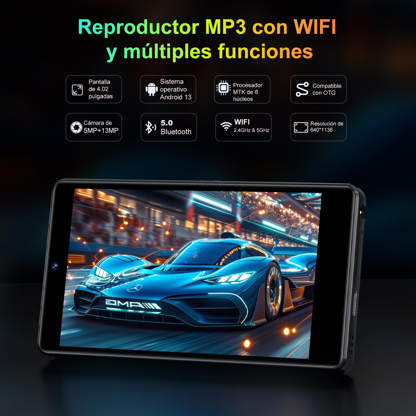 Reproductor MP3 de 96 GB con Bluetooth WiFi, Reproductor MP4 de 2000 mAh con cámara y Altavoz, Sistema operativo Android 13 Reproductores de música MP3 con Spotify, Audible y Play Store